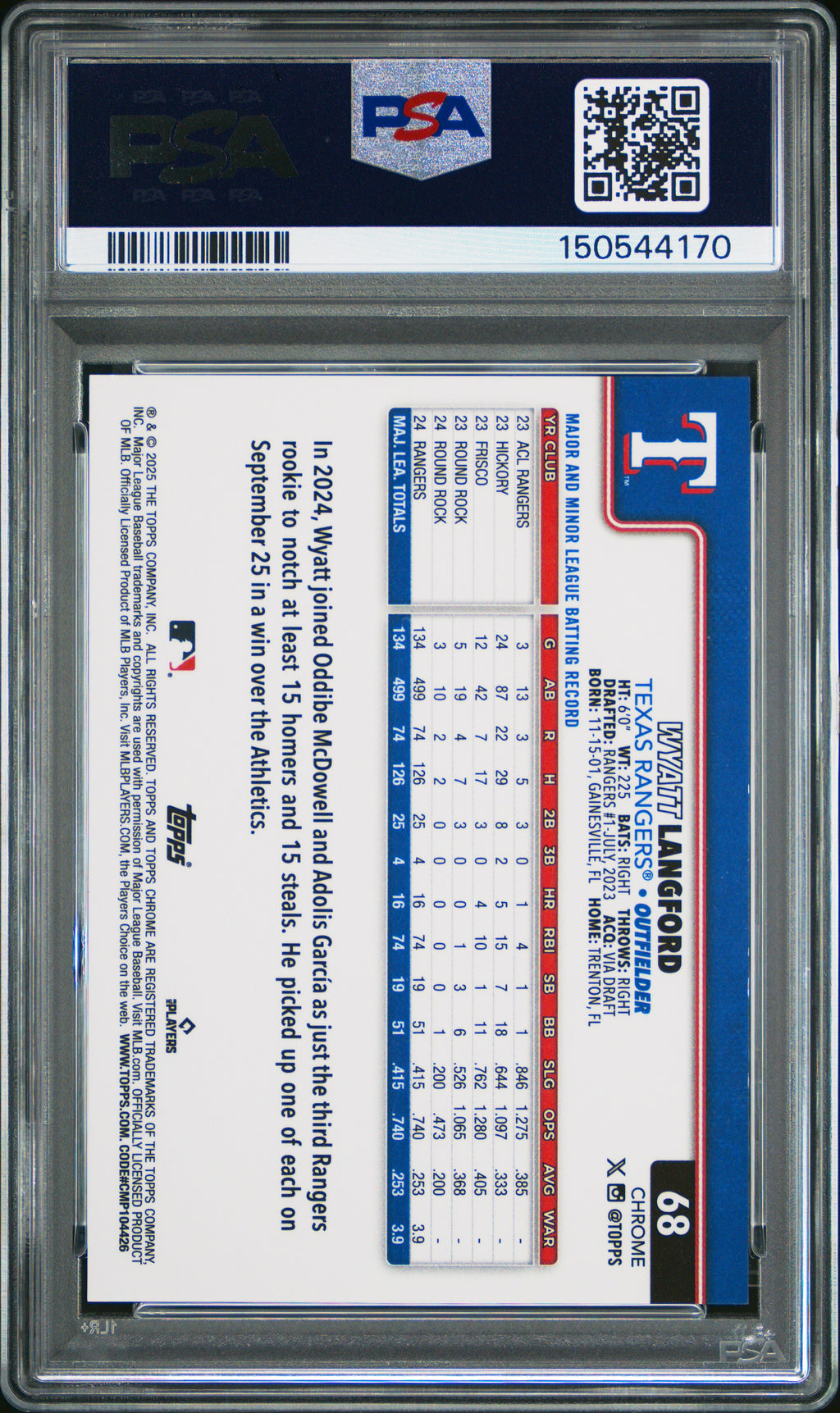 Wyatt Langford 2025 Topps Chrome Gold Wave Refractor Texas Rangers 30/50 PSA 9