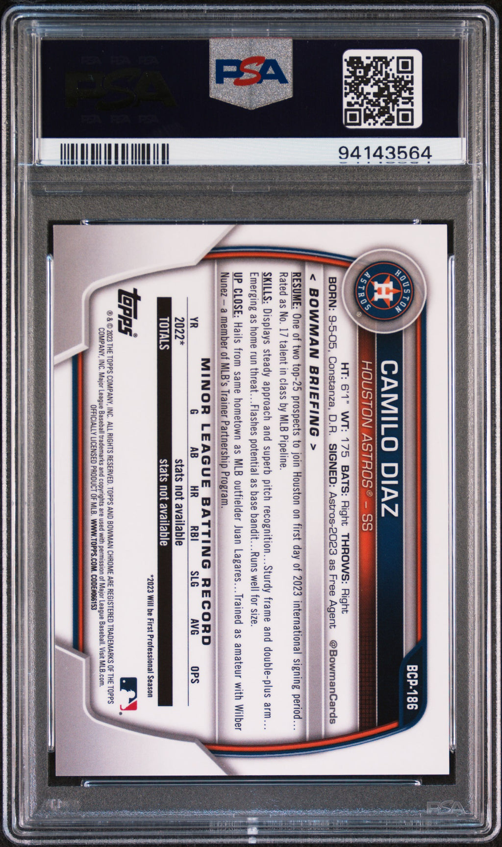 Camilo Diaz 2023 Bowman Chrome Sapphire Edition Prospects Yellow /50 PSA 10
