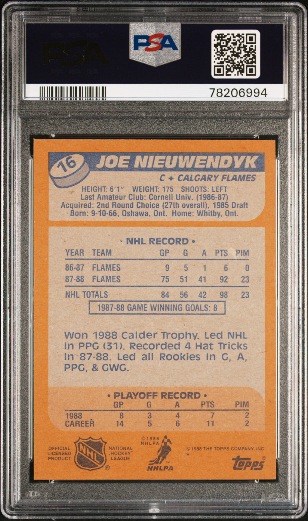 Joe Nieuwendyk 1988 Topps Rookie RC Calgary Flames #16 PSA 9