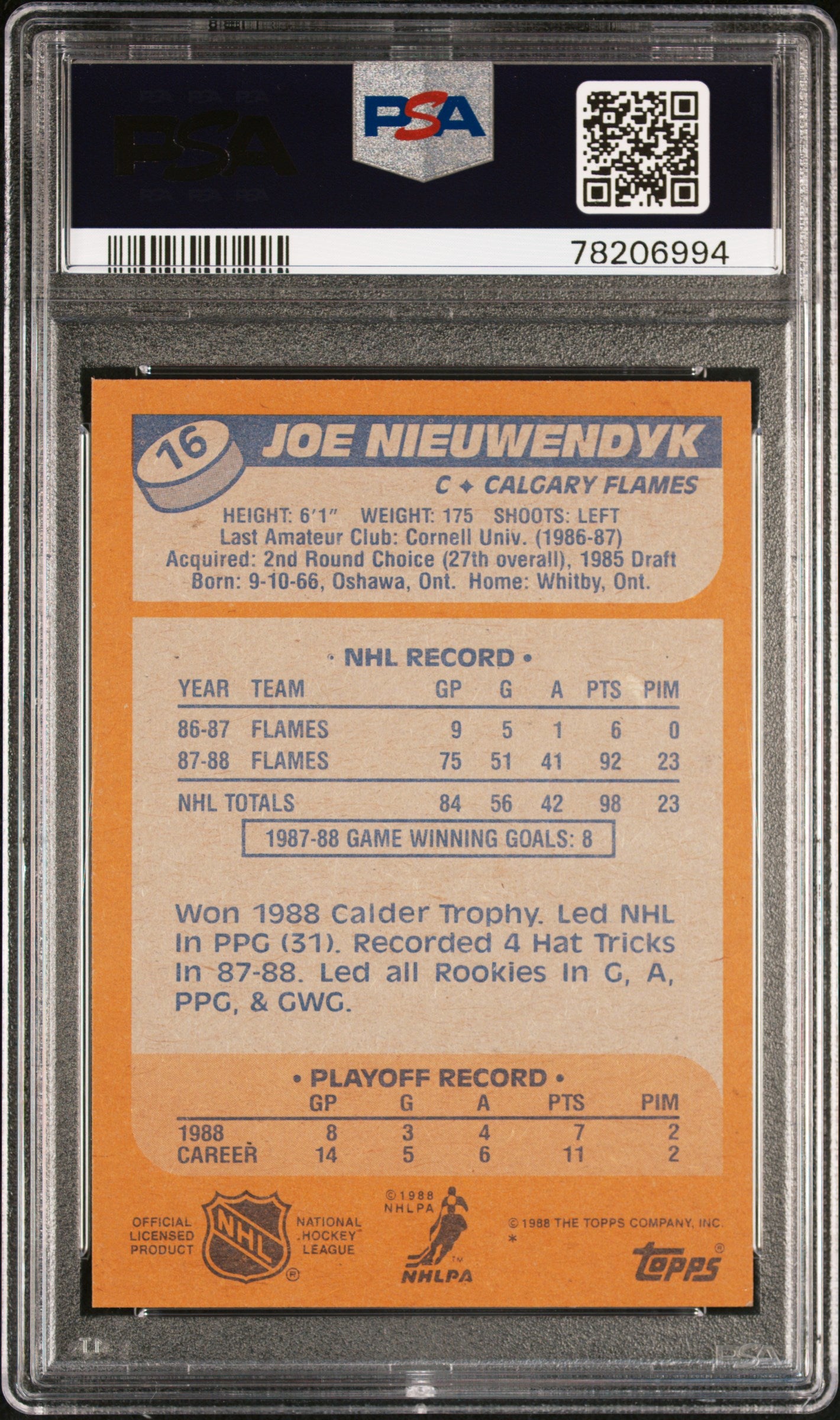 Joe Nieuwendyk 1988 Topps Rookie RC Calgary Flames #16 PSA 9
