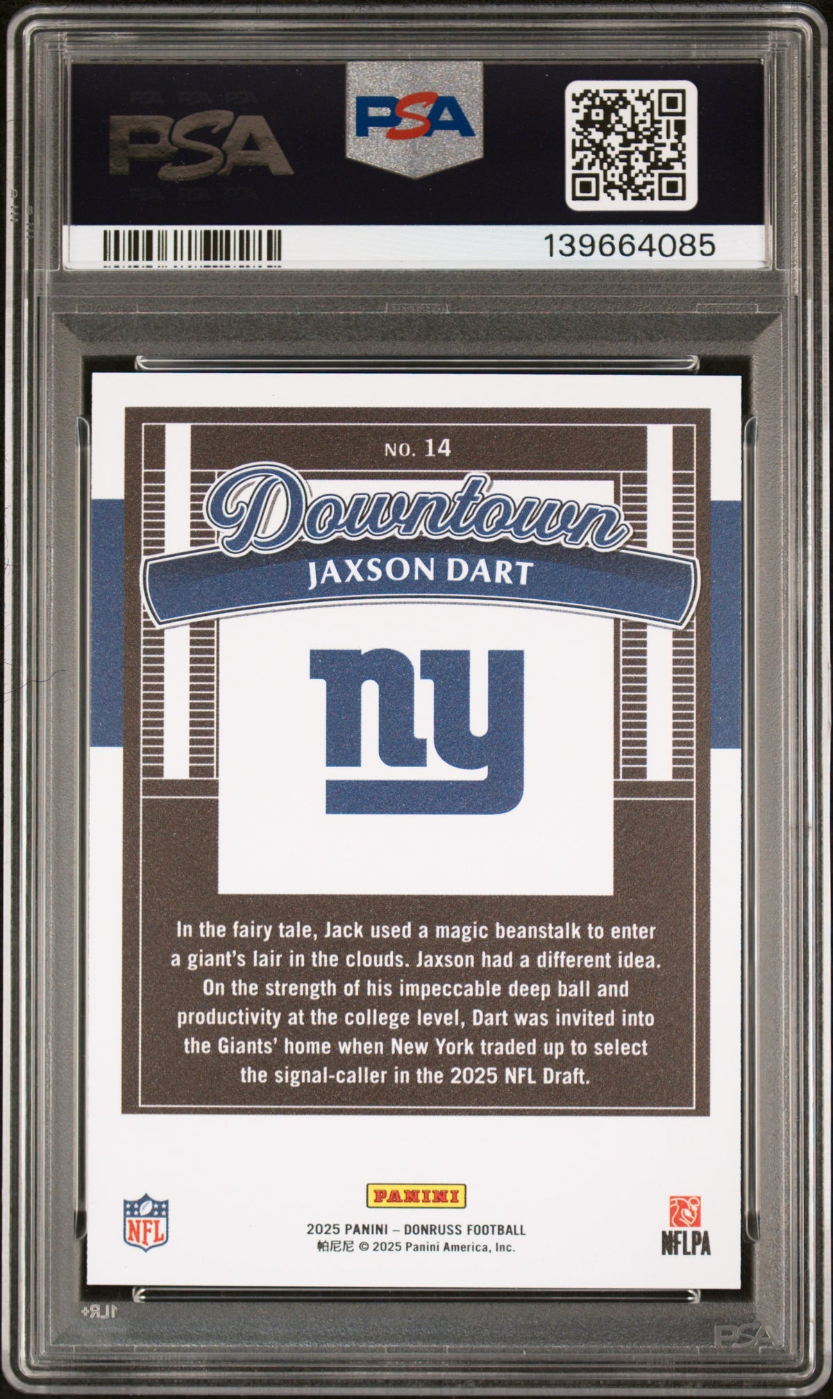 Jaxson Dart 2025 Donruss Downtown CASE HIT SSP New York Giants PSA 10