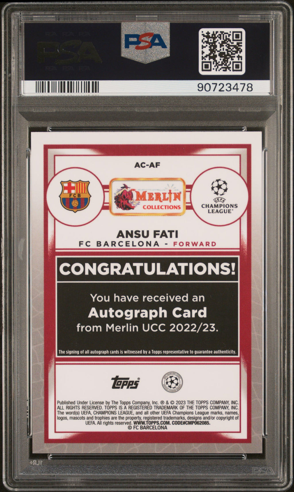 Ansu Fati 2022-23 Topps Merlin Chrome Auto Autograph RED Barcelona 7/10 PSA 9