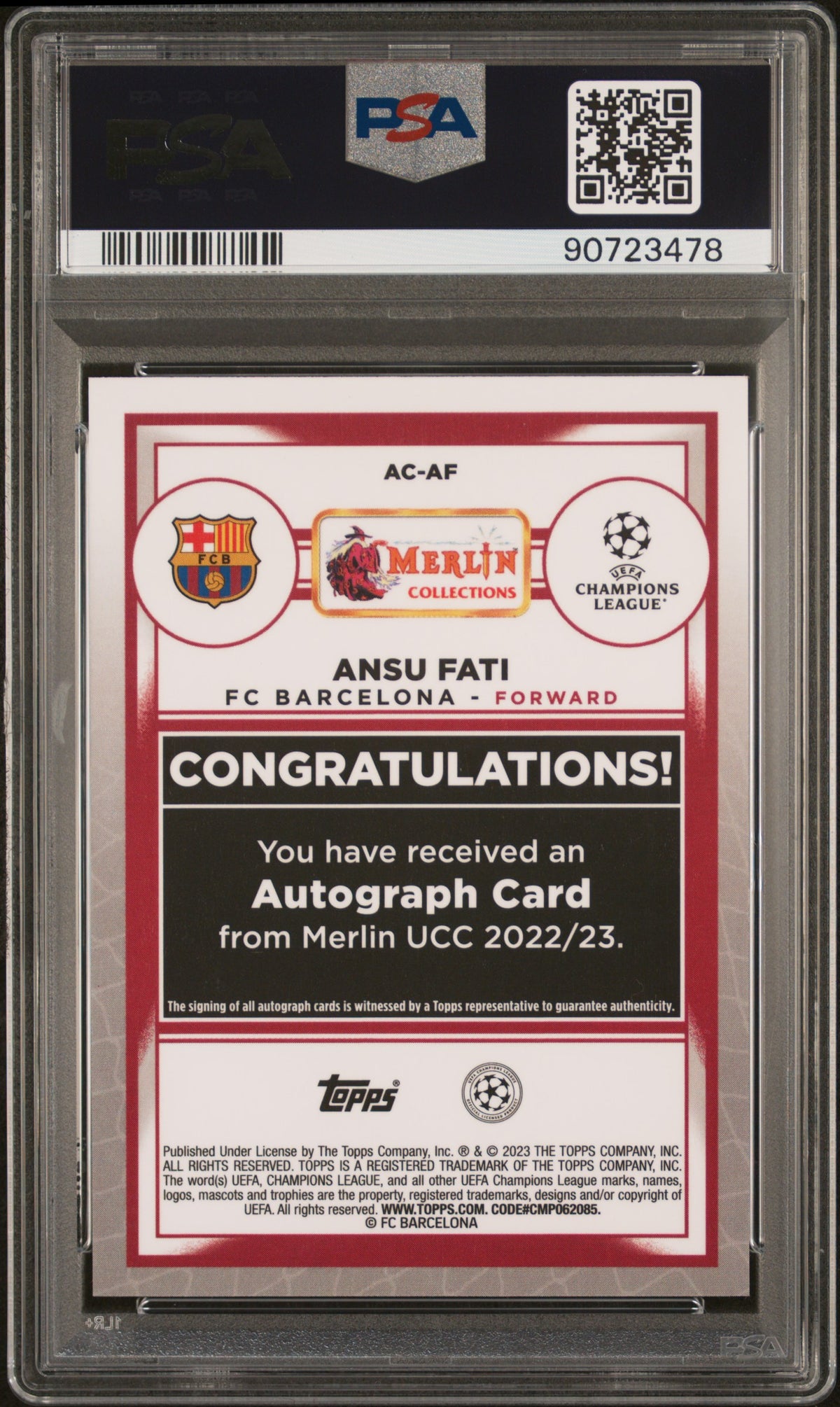 Ansu Fati 2022-23 Topps Merlin Chrome Auto Autograph RED Barcelona 7/10 PSA 9