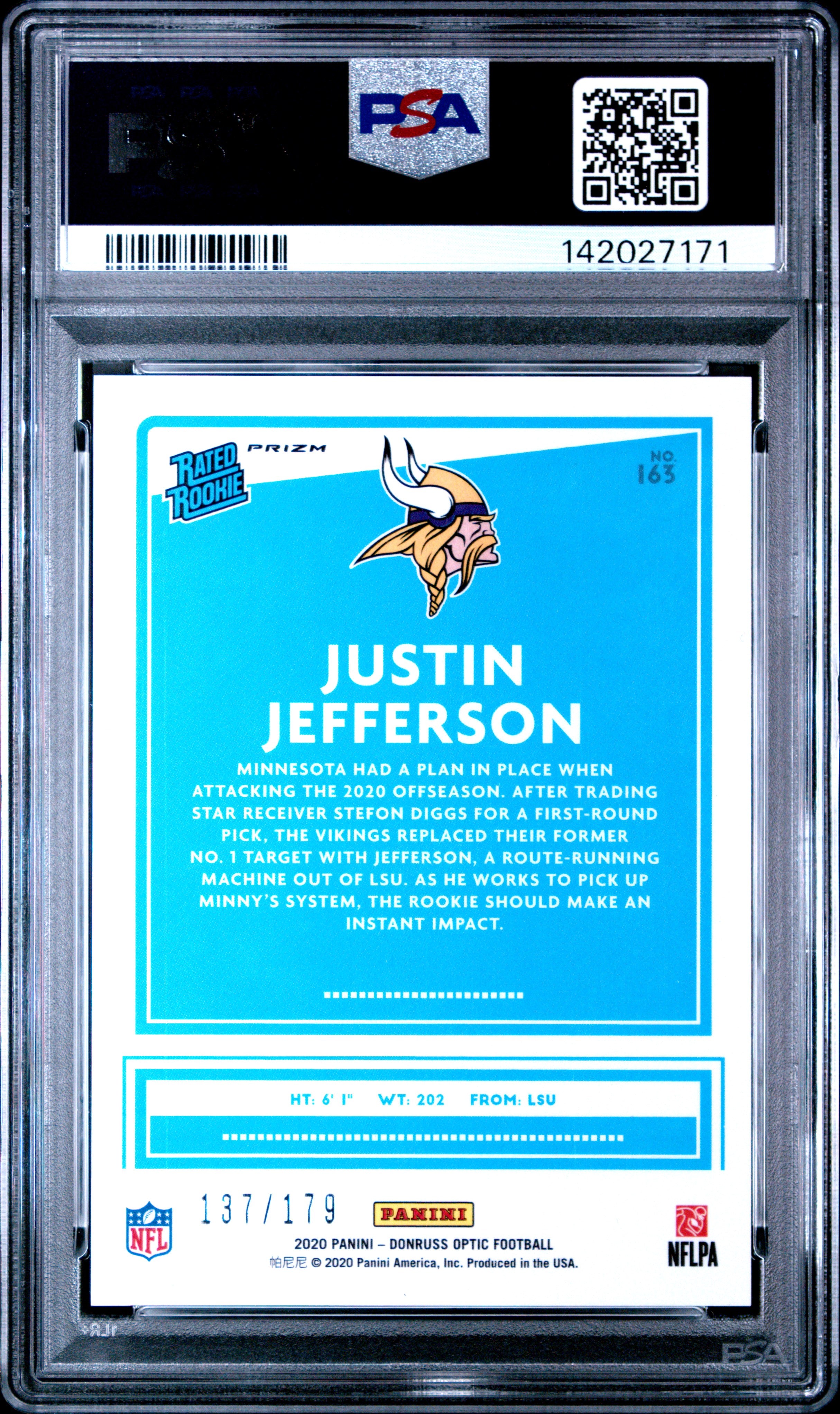 Justin Jefferson 2020 Optic Blue Prizm Rated Rookie Vikings 137/179 PSA 8