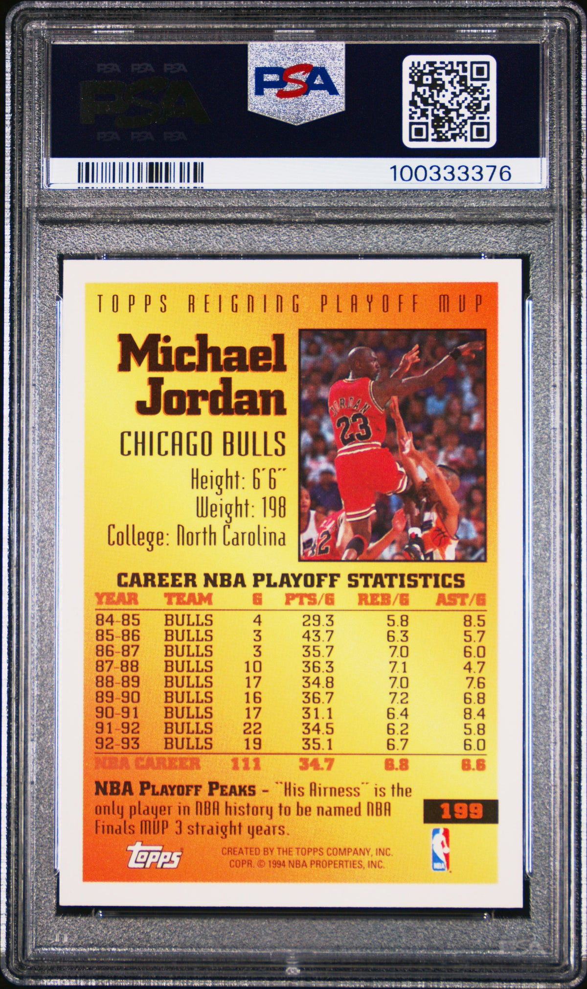 Michael Jordan 1993 Topps Reigning Playoff MVP #199 PSA 9