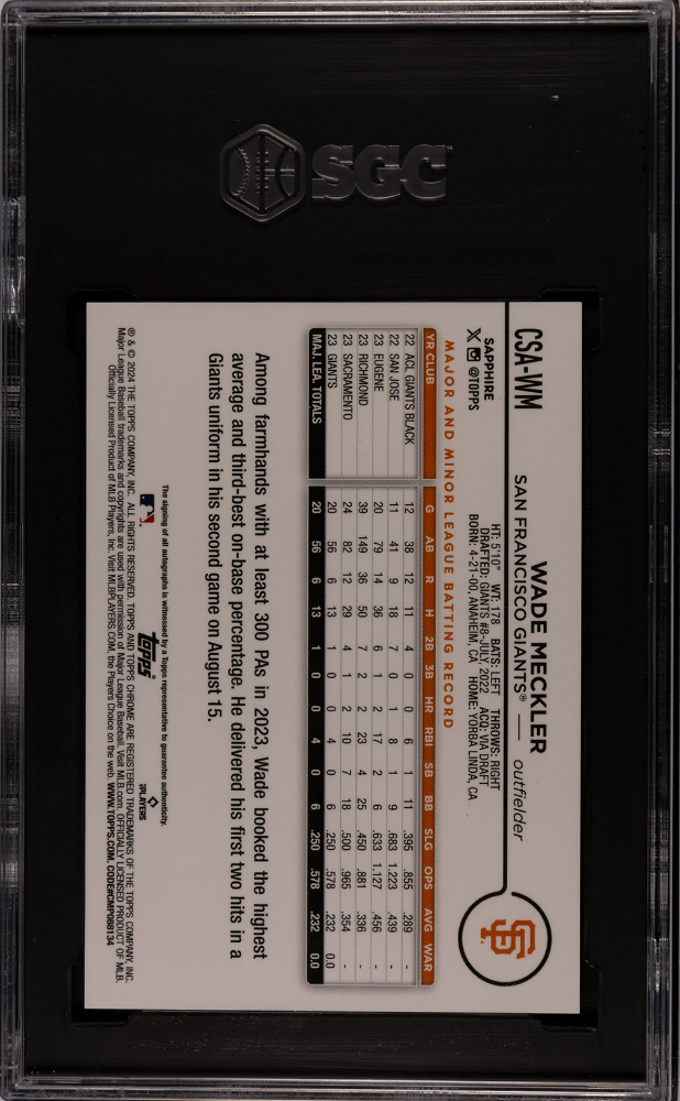 Wade Meckler 2024 Topps Chrome Sapphire Auto Autograph RC Giants 37/99 SGC 10 10