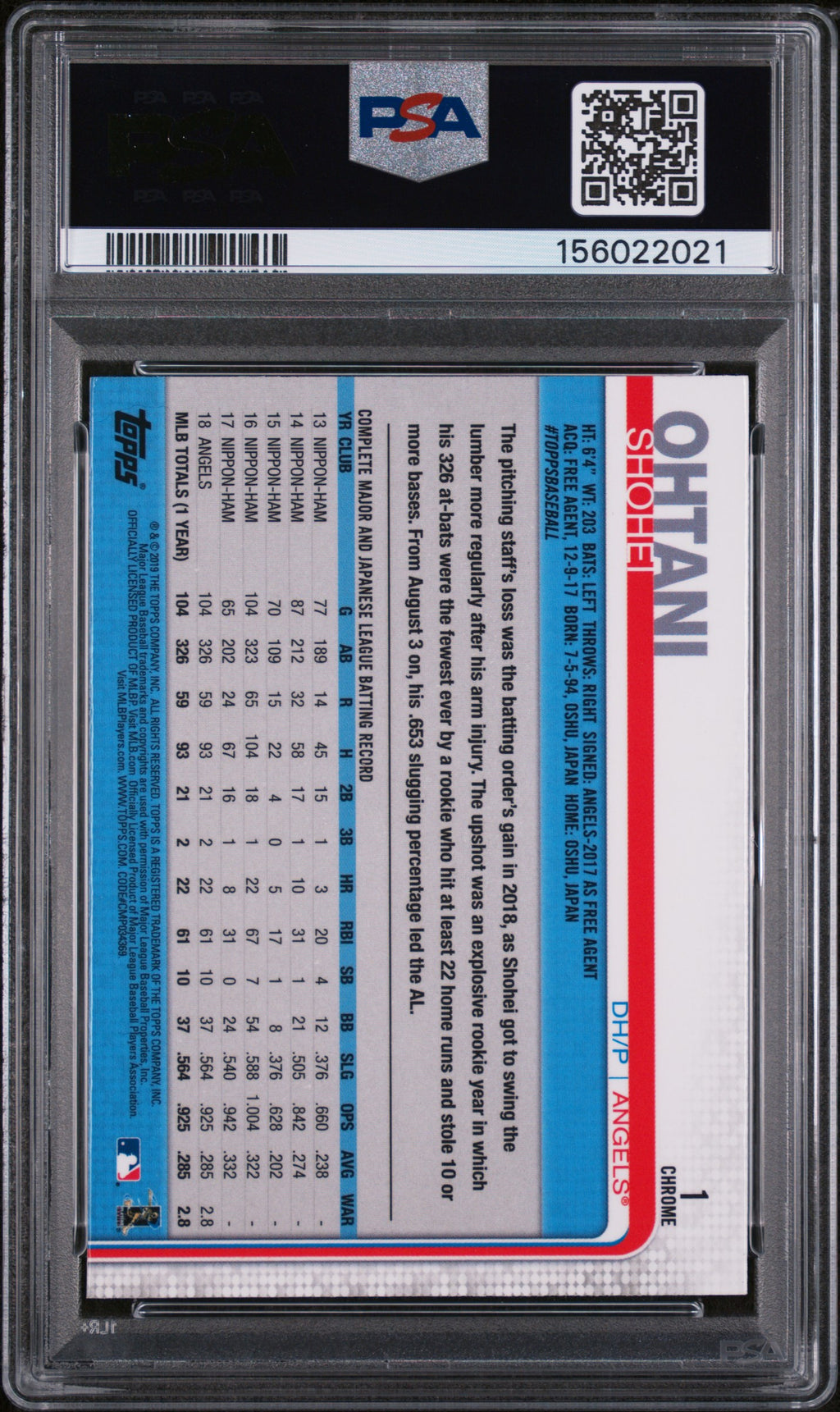 Shohei Ohtani 2019 Topps Chrome Prism Refractor 2nd Year LA Angels #1 PSA 9