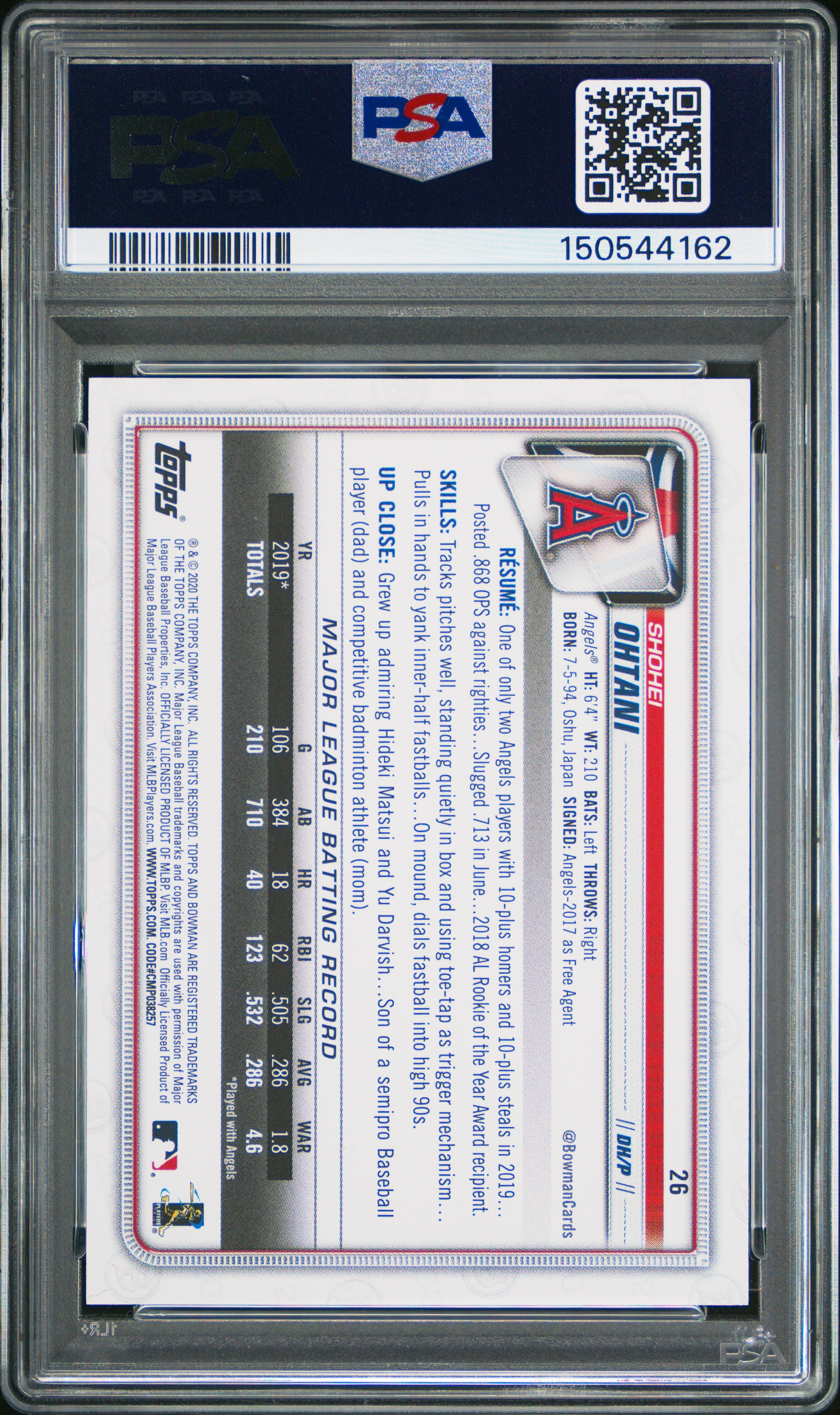 Shohei Ohtani 2020 Bowman Sky Blue Parallel Los Angeles Angels 199/499 PSA 9