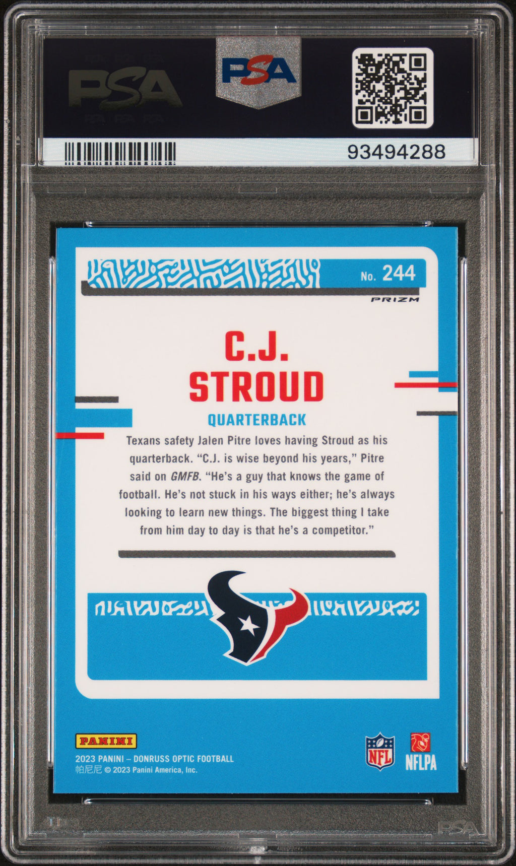 CJ Stroud 2023 Optic Rated Rookie Purple Shock RC Houston Texans PSA 9