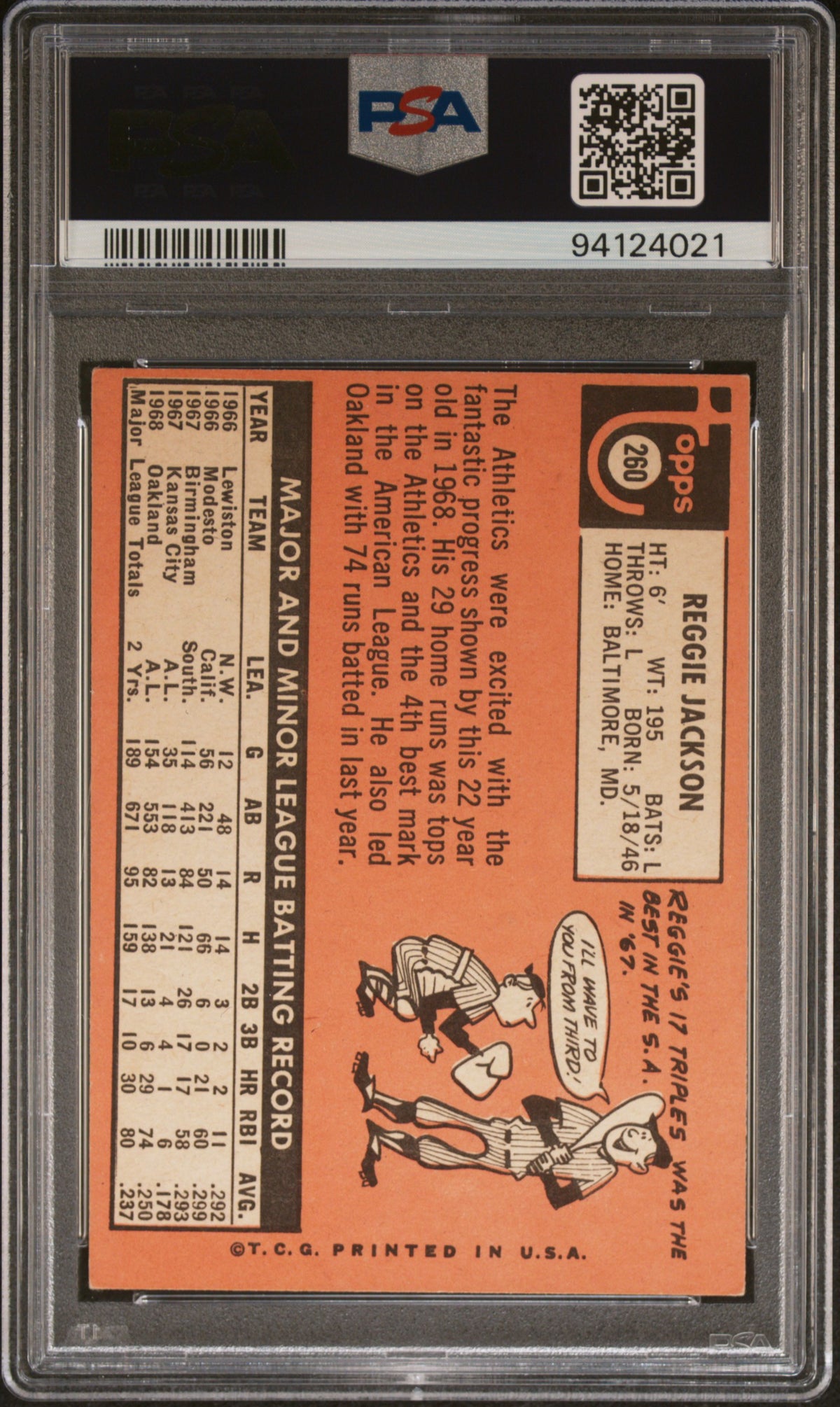 Reggie Jackson 1969 Topps Rookie RC Oakland Athletics #260 PSA 3