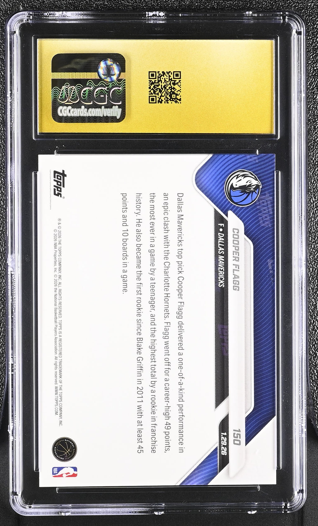 Cooper Flagg 2025-26 Topps Now Rookie RC Dallas Mavericks #150 CGC 10 PRISTINE