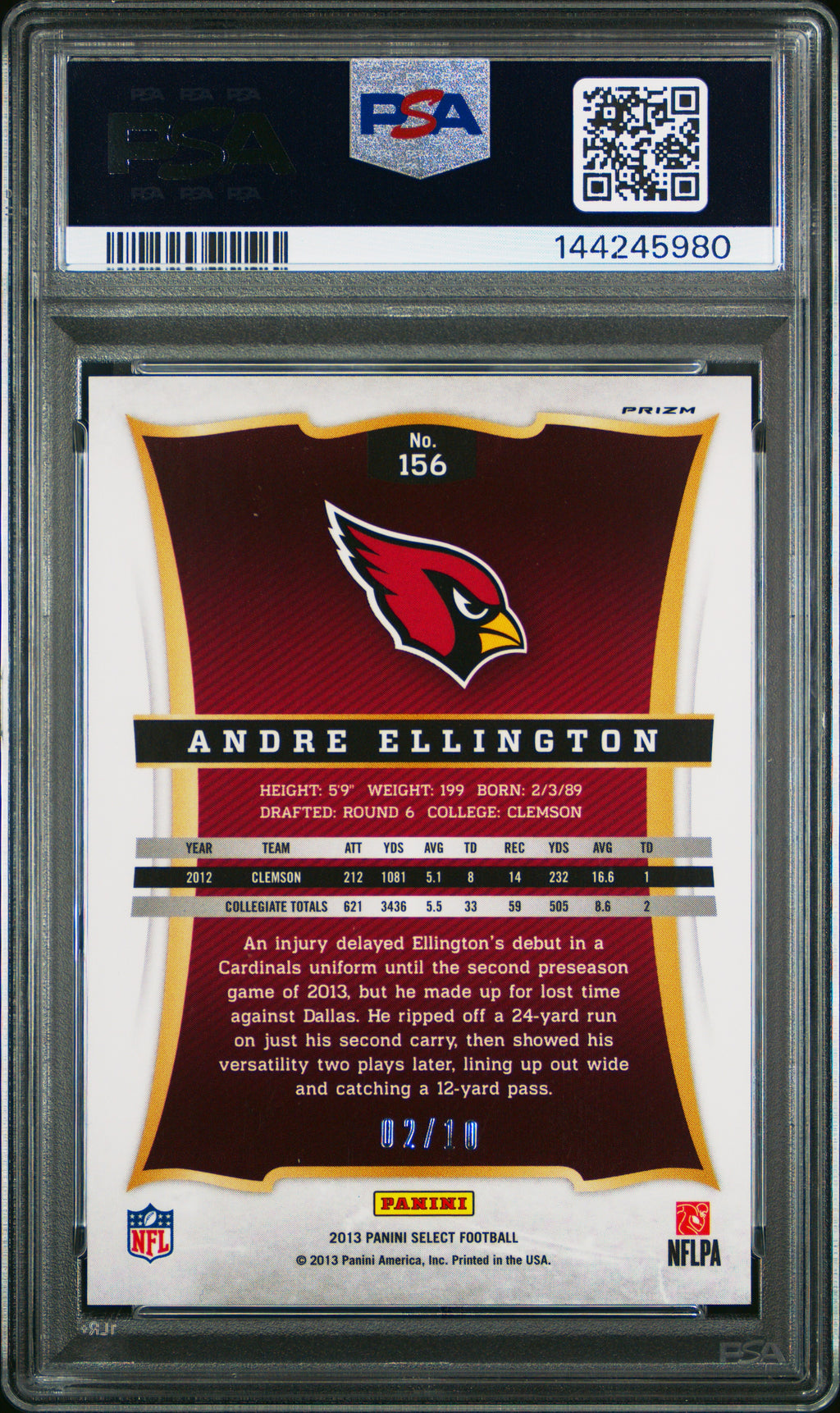 Andre Ellington 2013 Select Gold Prizm Rookie RC Arizona Cardinals 2/10 PSA 8