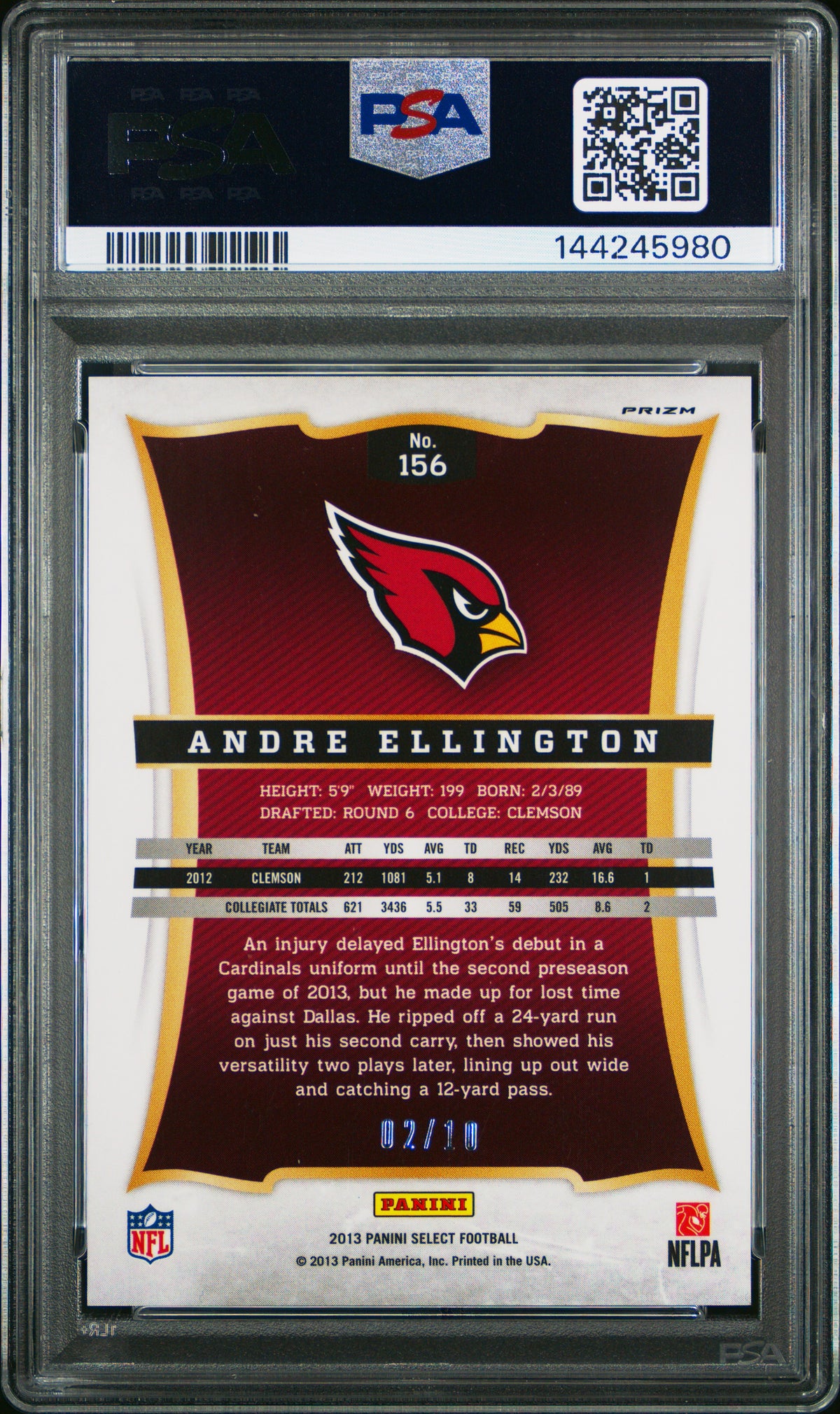Andre Ellington 2013 Select Gold Prizm Rookie RC Arizona Cardinals 2/10 PSA 8