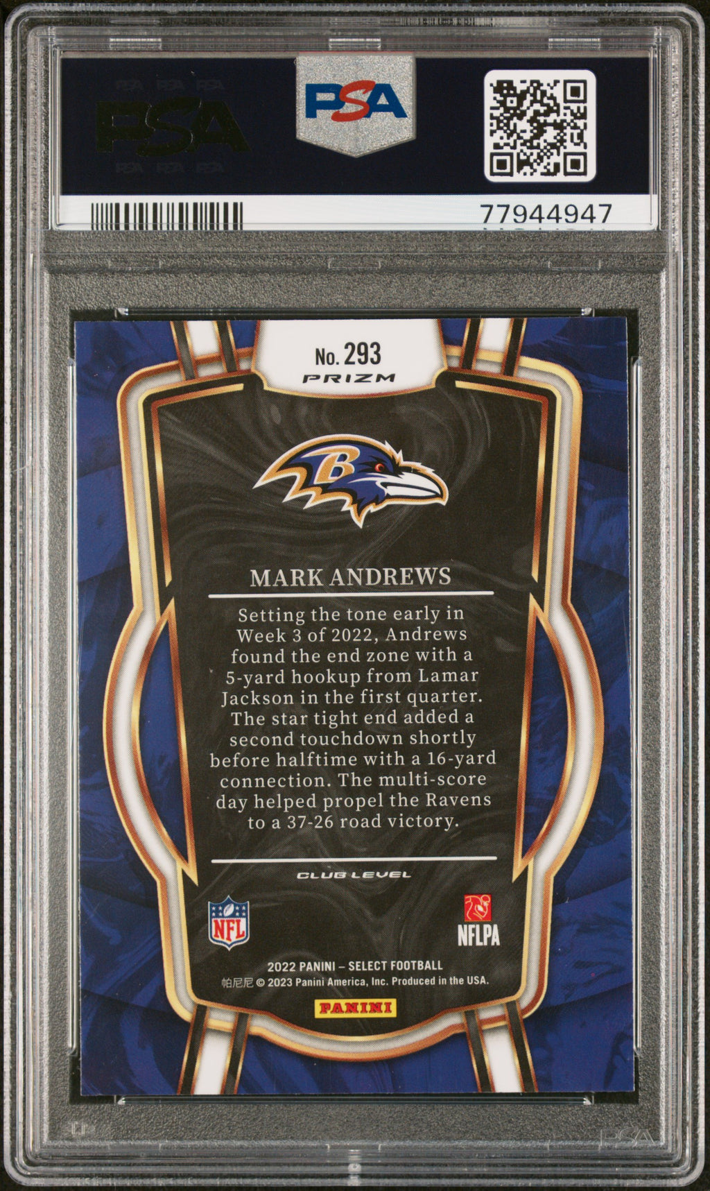 Mark Andrews 2022 Select Zebra Prizm SSP Baltimore Ravens PSA 10