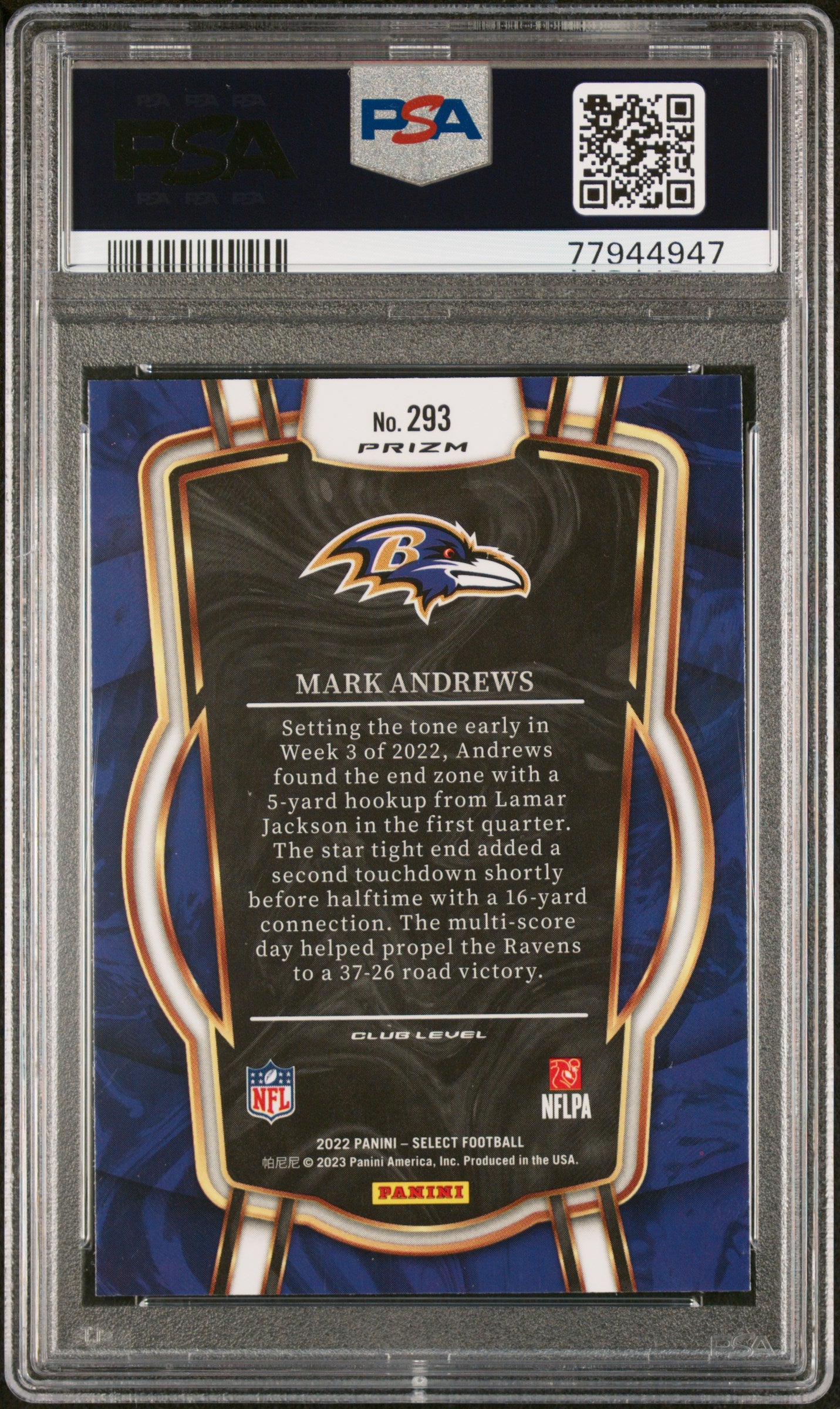 Mark Andrews 2022 Select Zebra Prizm SSP Baltimore Ravens PSA 10