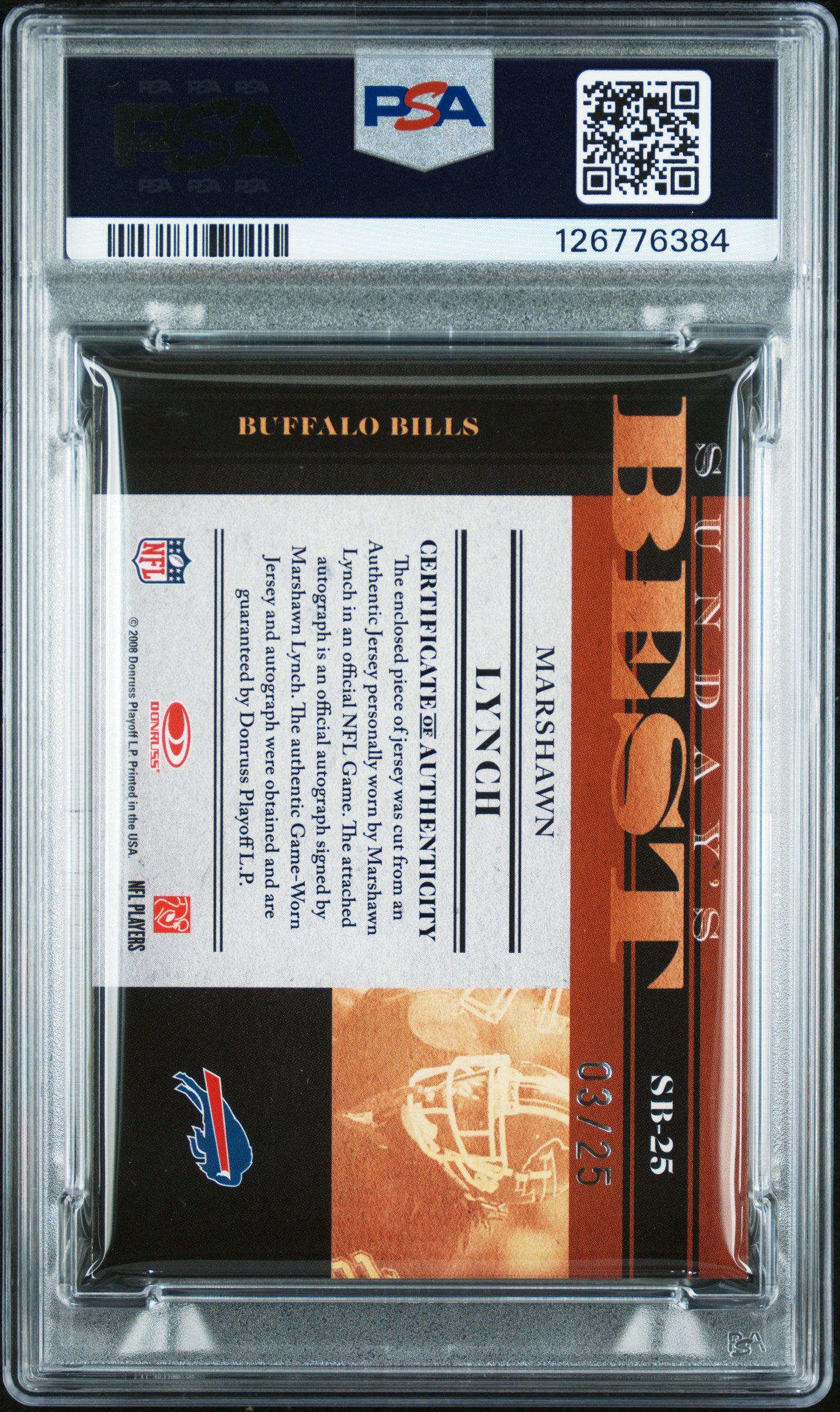 Marshawn Lynch 2008 Donruss Classics Auto Autograph Game Worn Patch Bills 3/25