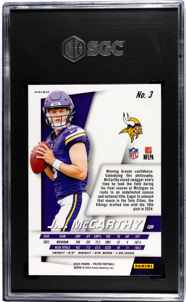 JJ Mccarthy 2024 Prizm Flashback No Huddle Disco Prizm RC Vikings SGC 10