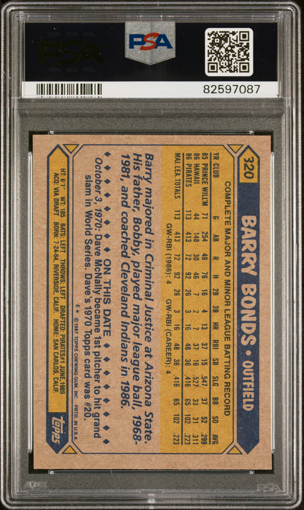 Barry Bonds 1987 Topps Rookie Card RC Pittsburgh Pirates #320 PSA 9