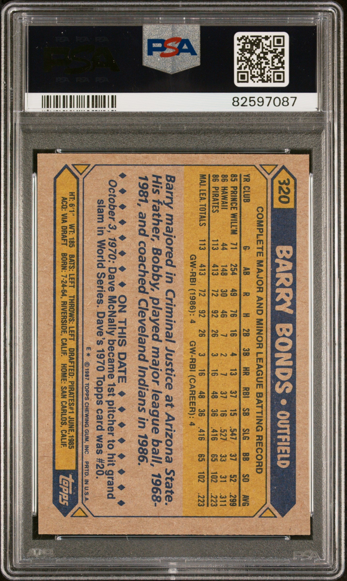 Barry Bonds 1987 Topps Rookie Card RC Pittsburgh Pirates #320 PSA 9