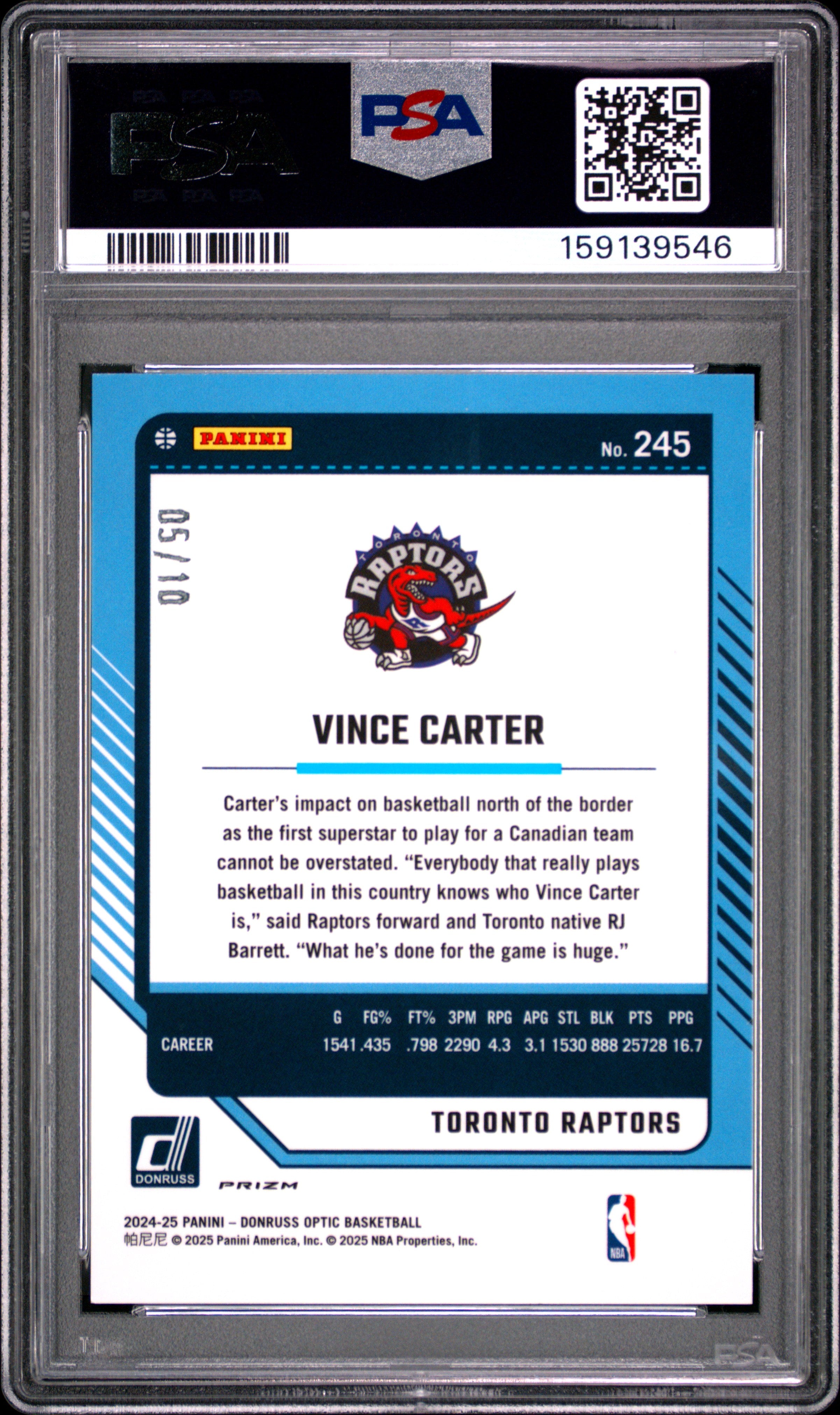 Vince Carter 2024-25 Optic GOLD Fast Break Prizm Raptors 5/10 PSA 10
