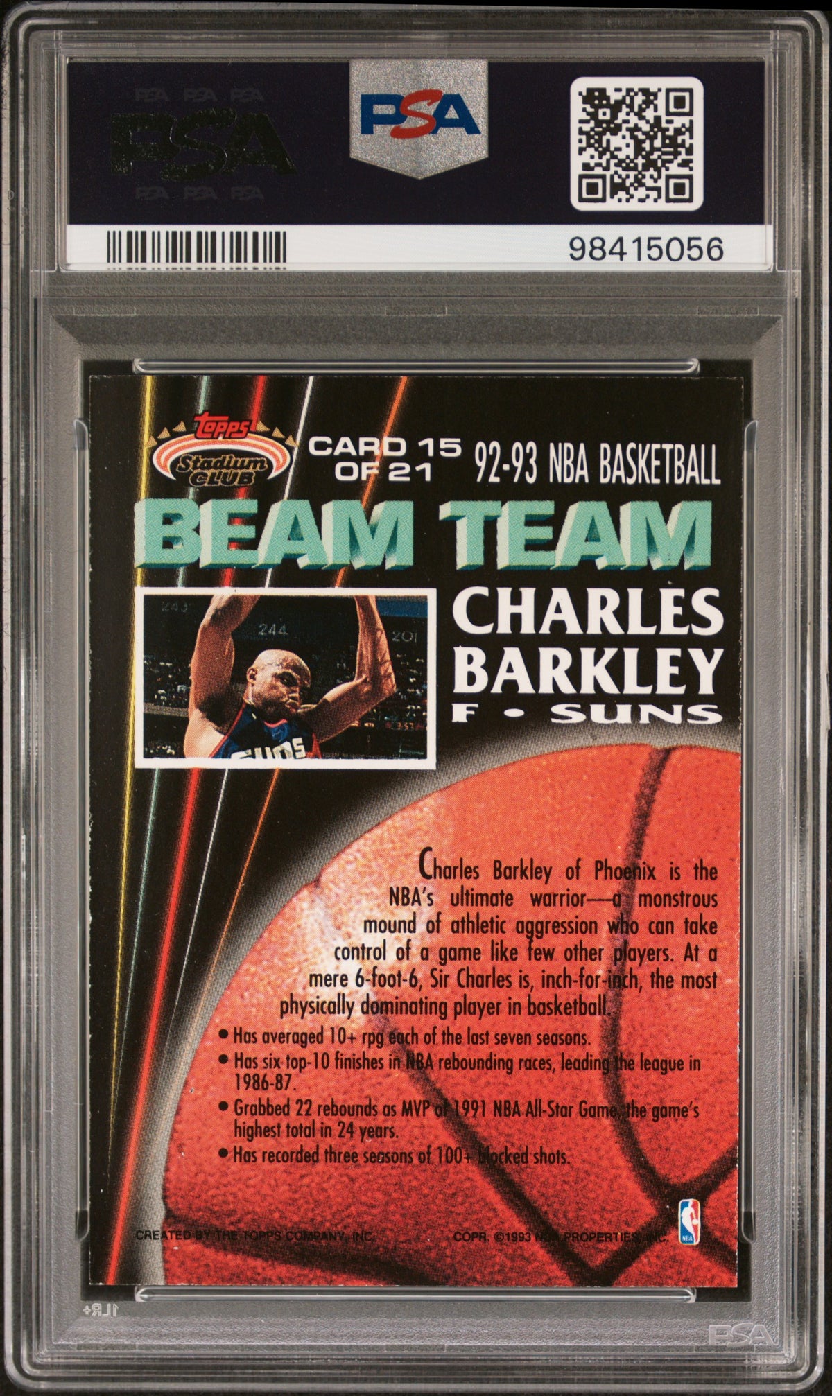 Charles Barkley 1992 Stadium Club Beam Team Members Only Phoenix Suns #15 PSA 8