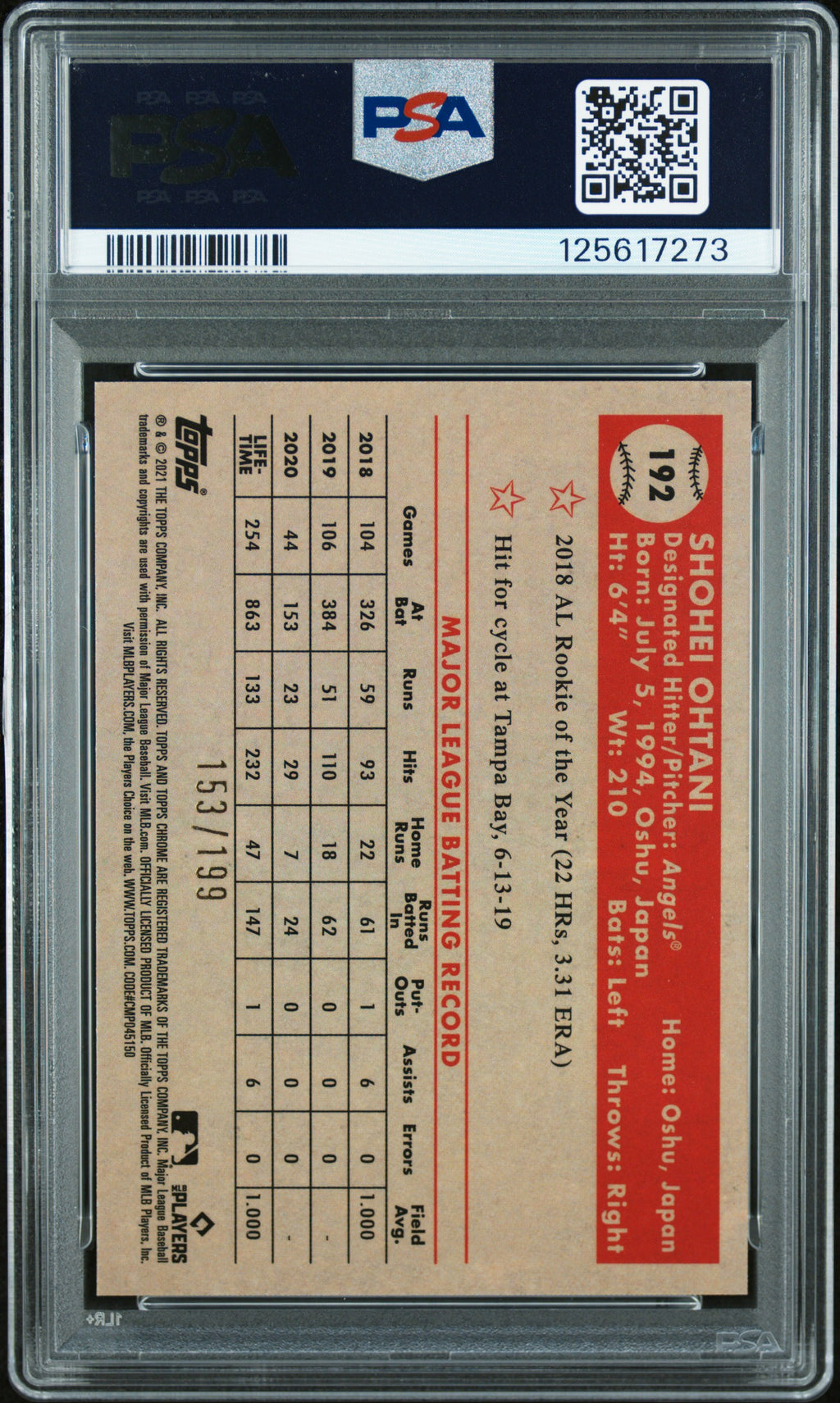 Shohei Ohtani 2021 Topps Chrome Platinum Blue Mini Diamond Angels 153/199 PSA 9