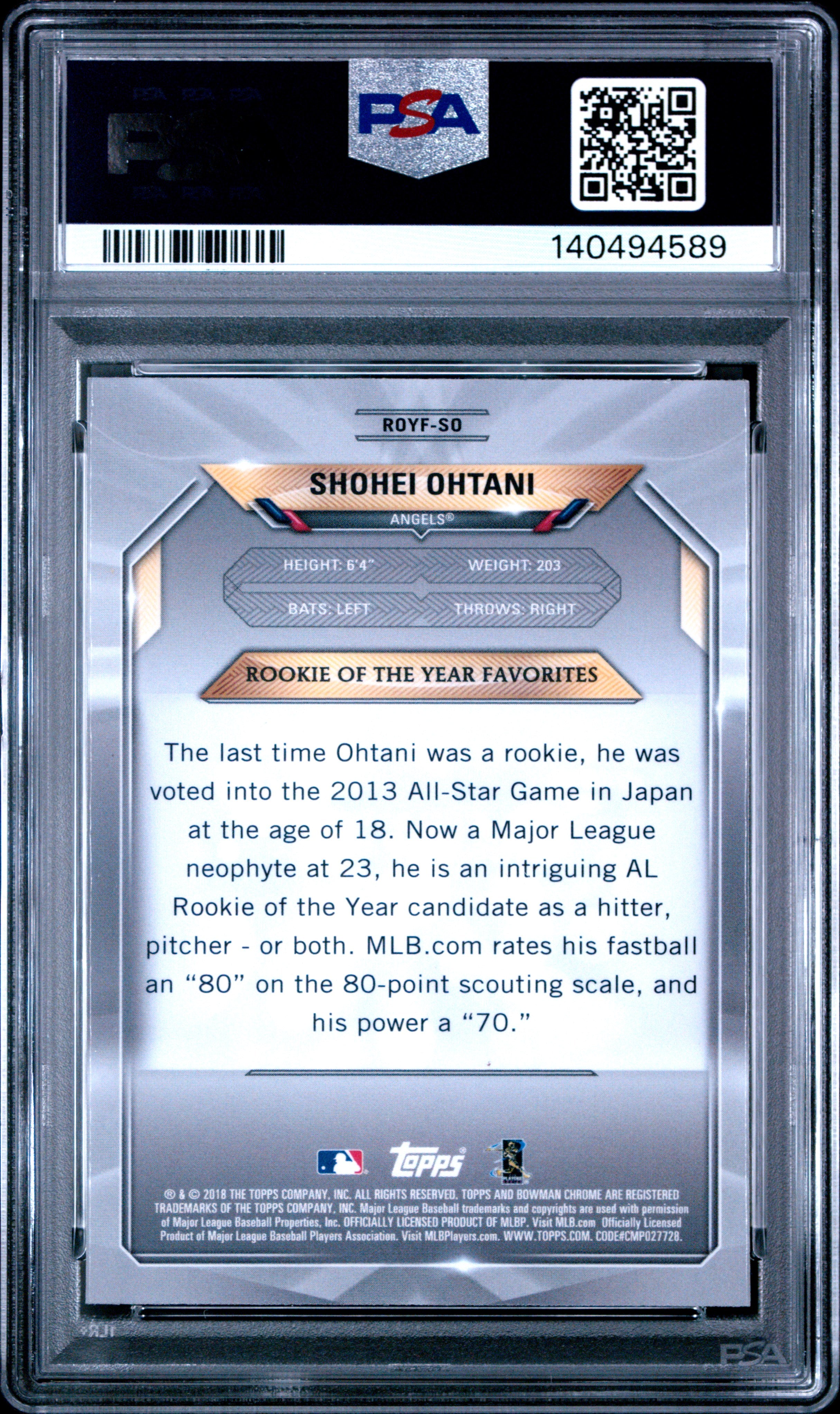 Shohei Ohtani 2018 Bowman Chrome Rookie Of The Year Favorites Angels PSA 9