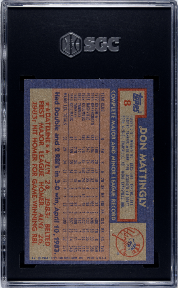 Don Mattingly 1984 Topps Rookie RC New York Yankees #8 SGC 7