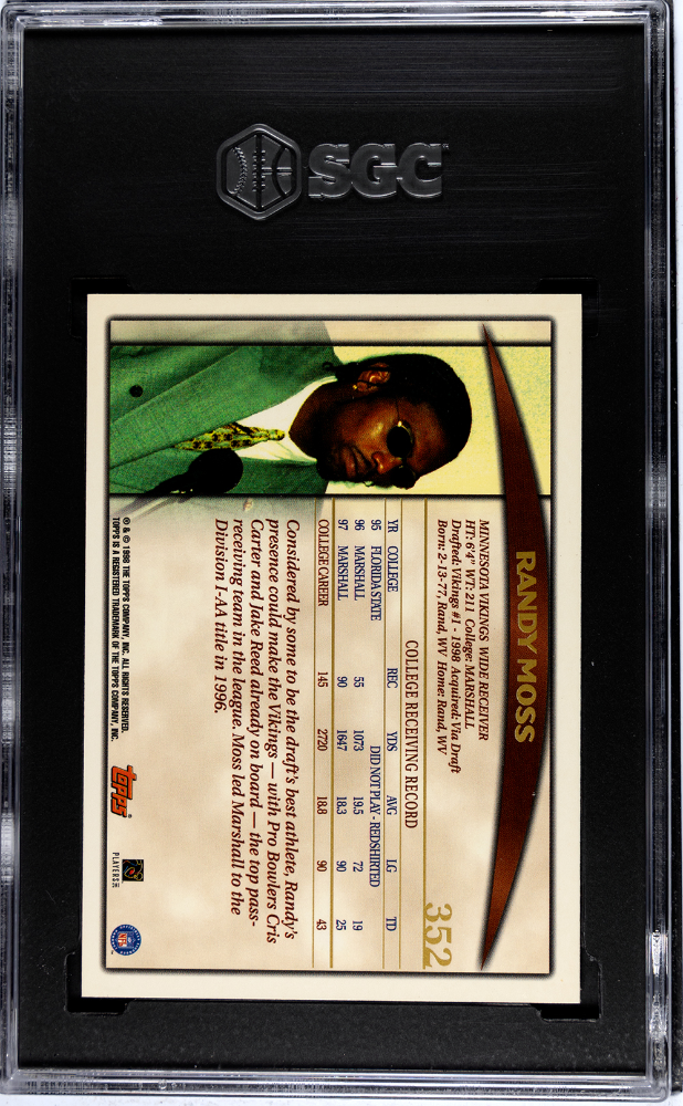 Randy Moss 1998 Topps Rookie Card RC Minnesota Vikings #352 SGC 9
