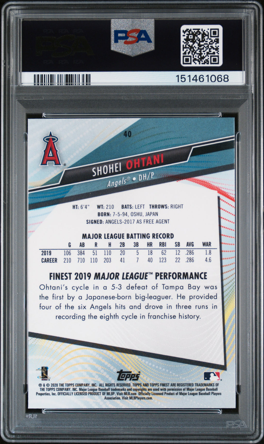 Shohei Ohtani 2020 Finest Card Los Angeles Angels #40 PSA 10