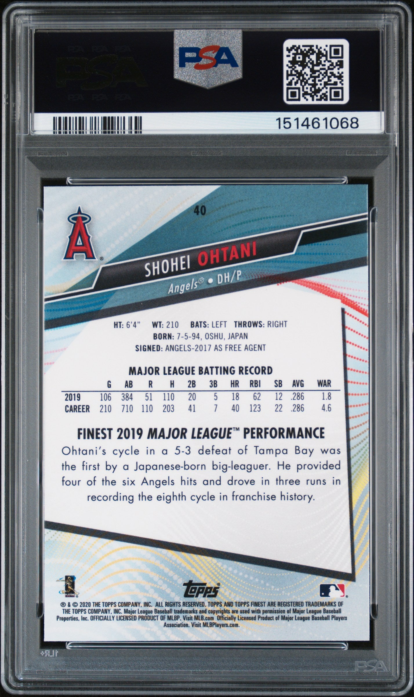 Shohei Ohtani 2020 Finest Card Los Angeles Angels #40 PSA 10