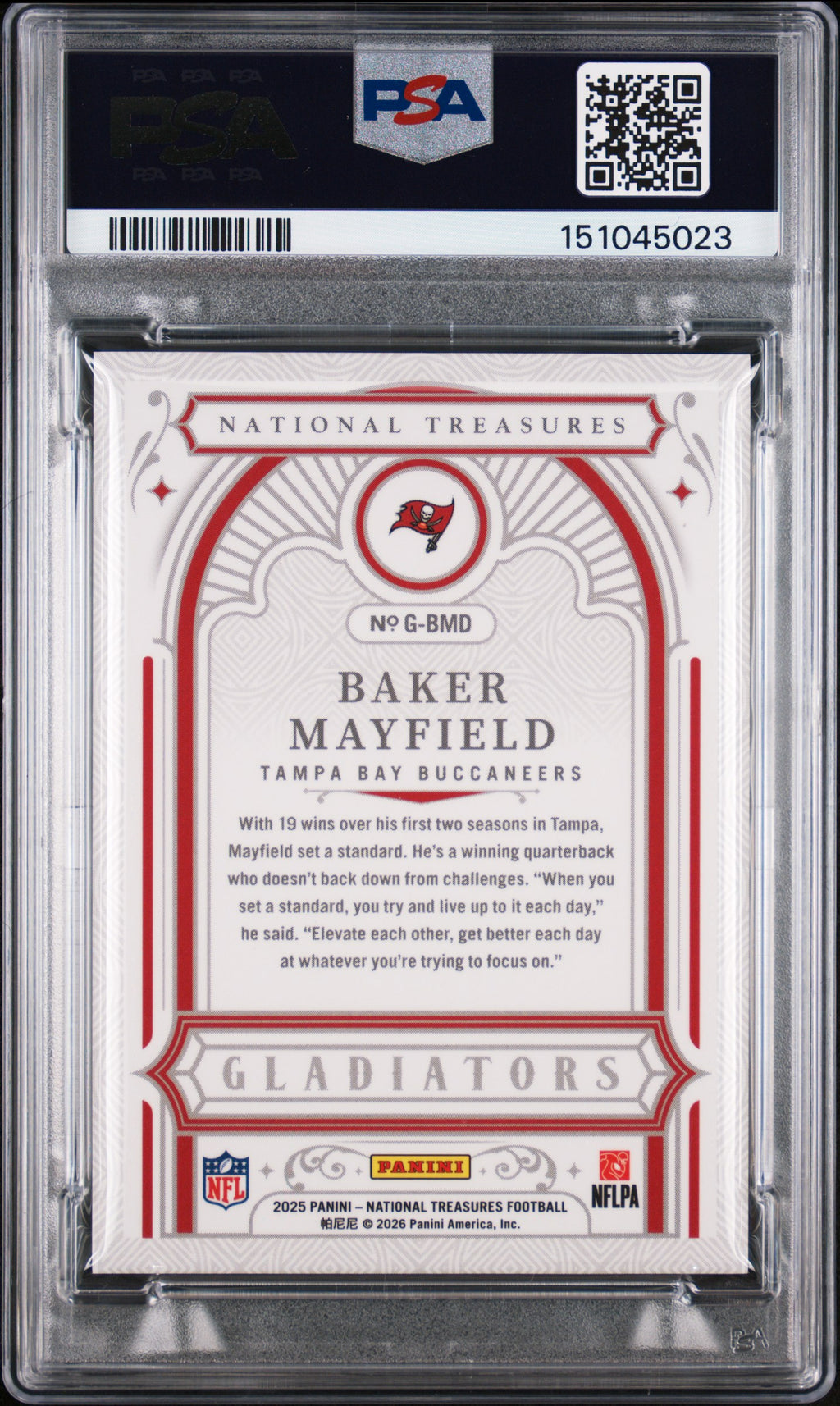 Baker Mayfield 2025 National Treasures Gladiators TB Buccaneers 16/50 PSA 10