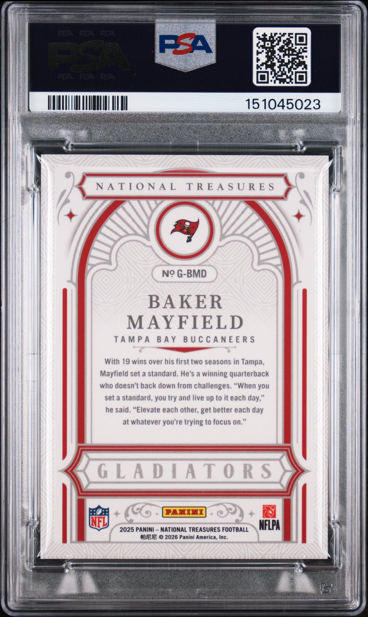 Baker Mayfield 2025 National Treasures Gladiators TB Buccaneers 16/50 PSA 10