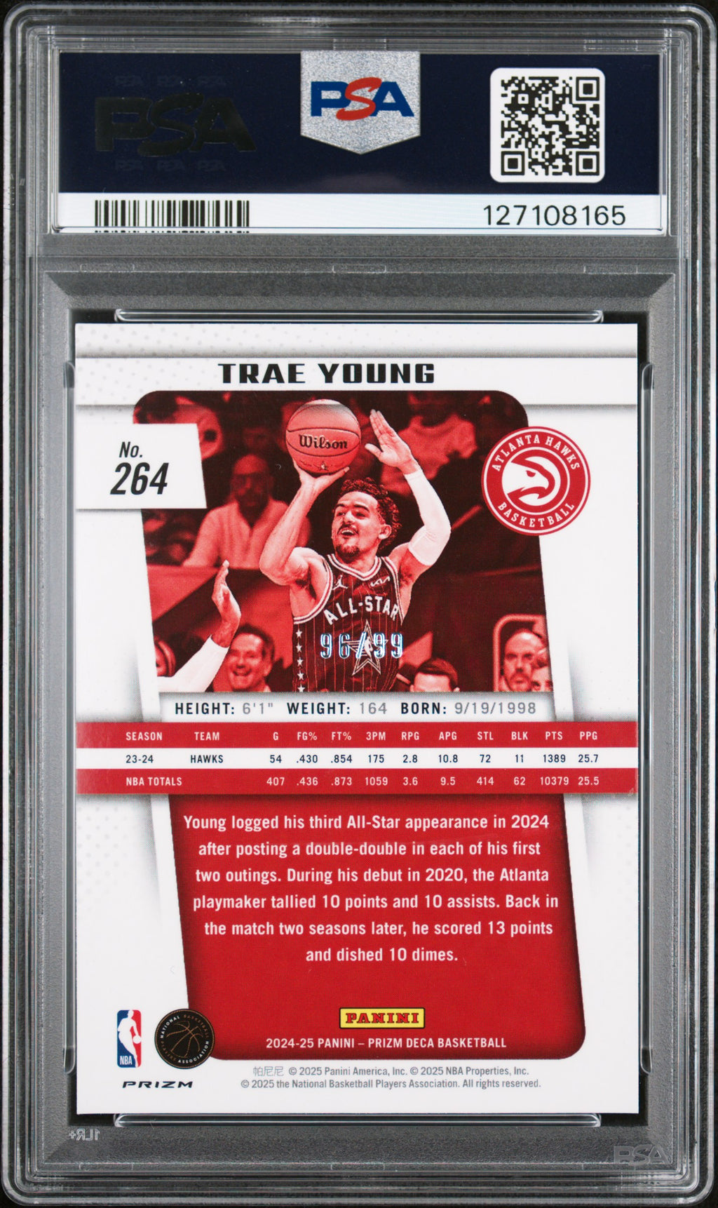 Trae Young 2024-25 Prizm Deca Purple Prizm Atlanta Hawks 96/99 PSA 9