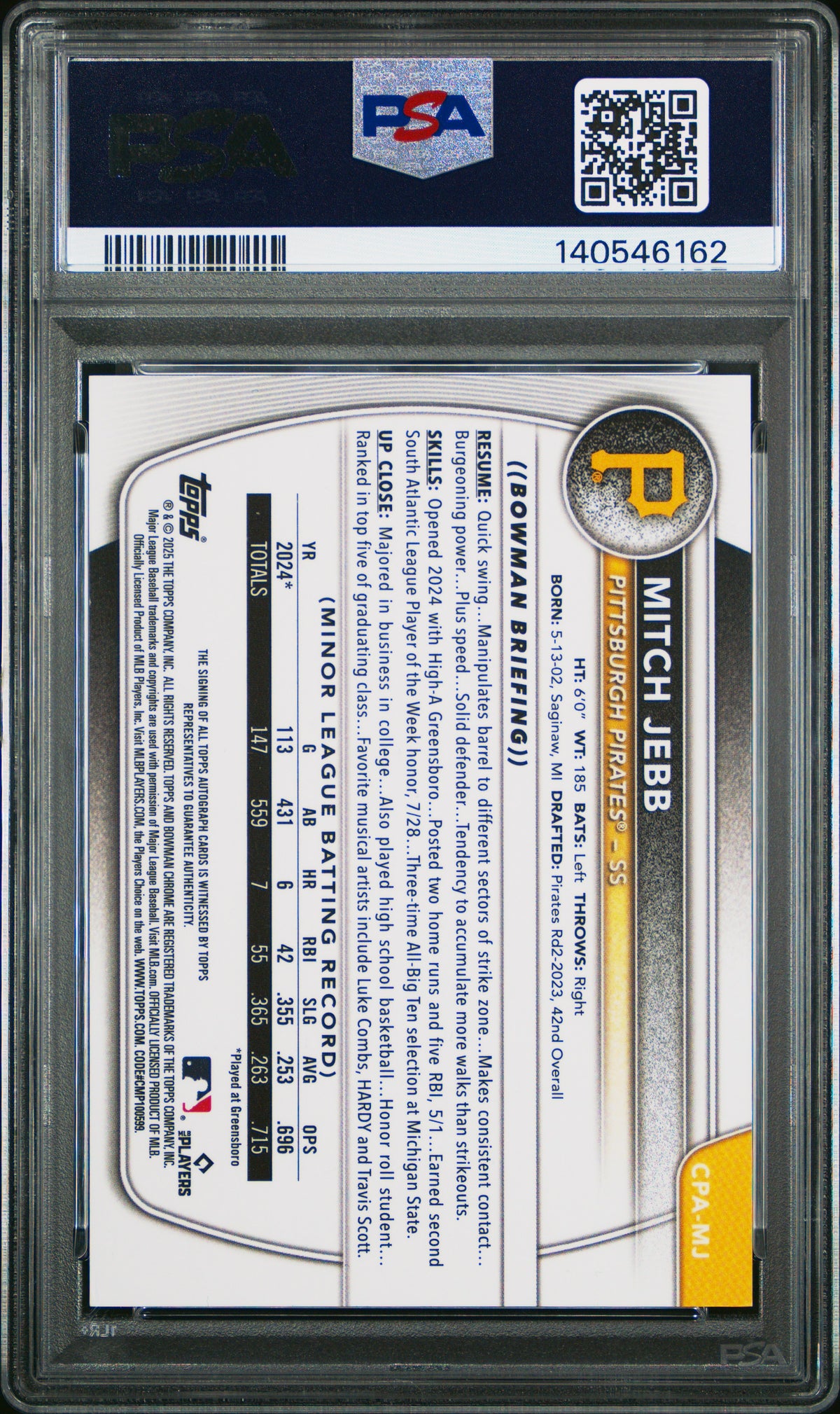 Mitch Jebb 2025 Bowman Chrome 1st Auto Autograph Pirates 39/100 PSA 9