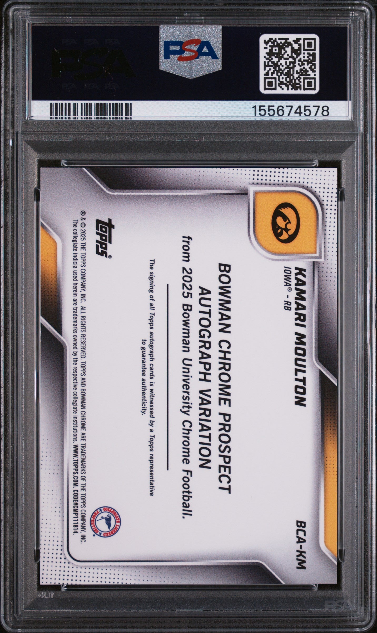 Kamari Moulton 2025 Bowman Chrome Auto Autograph Black RC Iowa 4/10 PSA 9