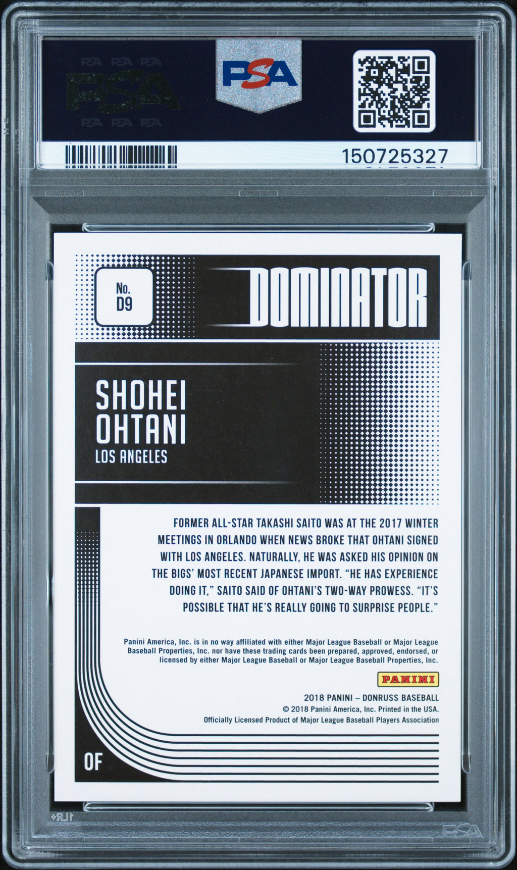 Shohei Ohtani 2018 Donruss Dominator RED Rookie RC LA Angels 81/149 PSA 9