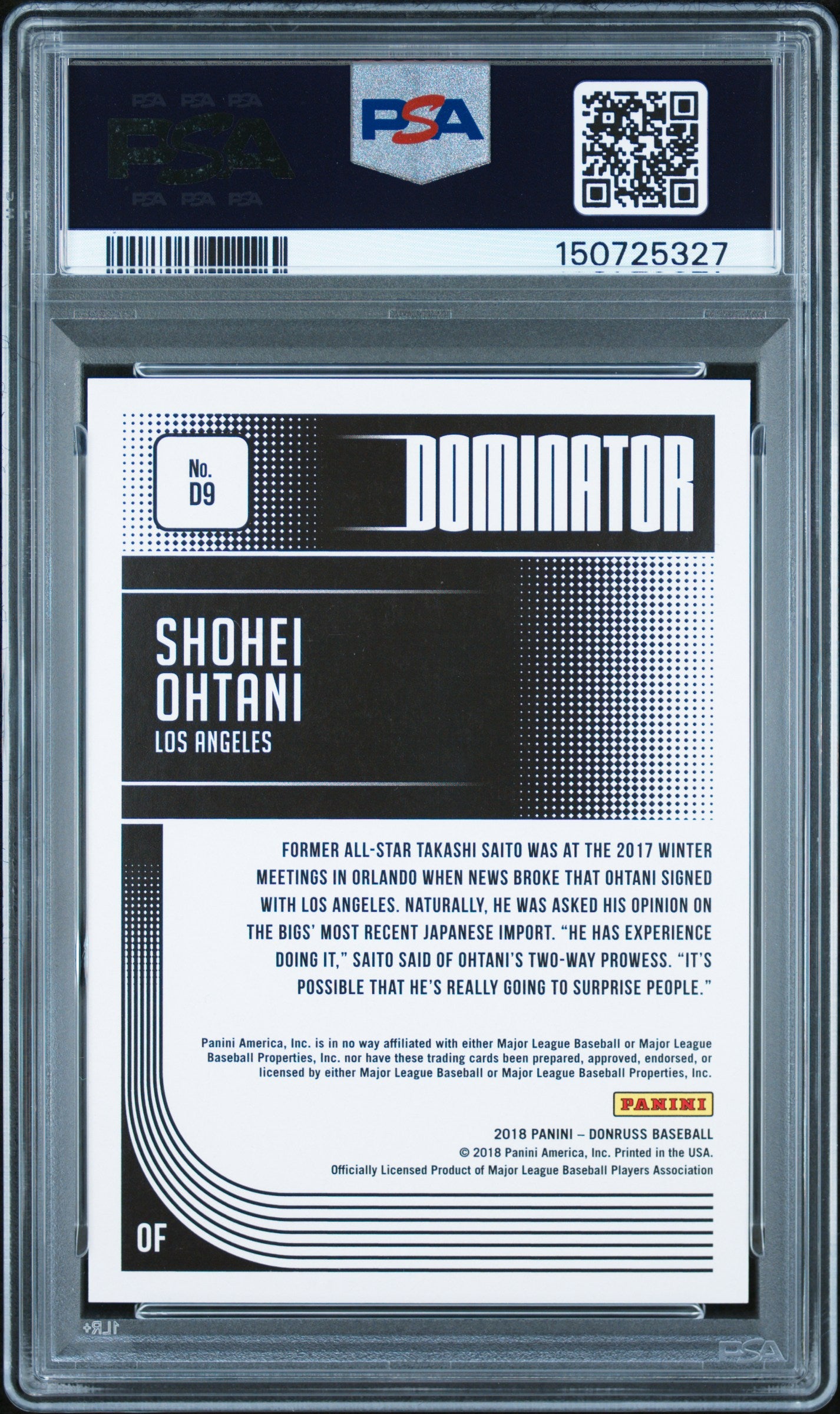 Shohei Ohtani 2018 Donruss Dominator RED Rookie RC LA Angels 81/149 PSA 9