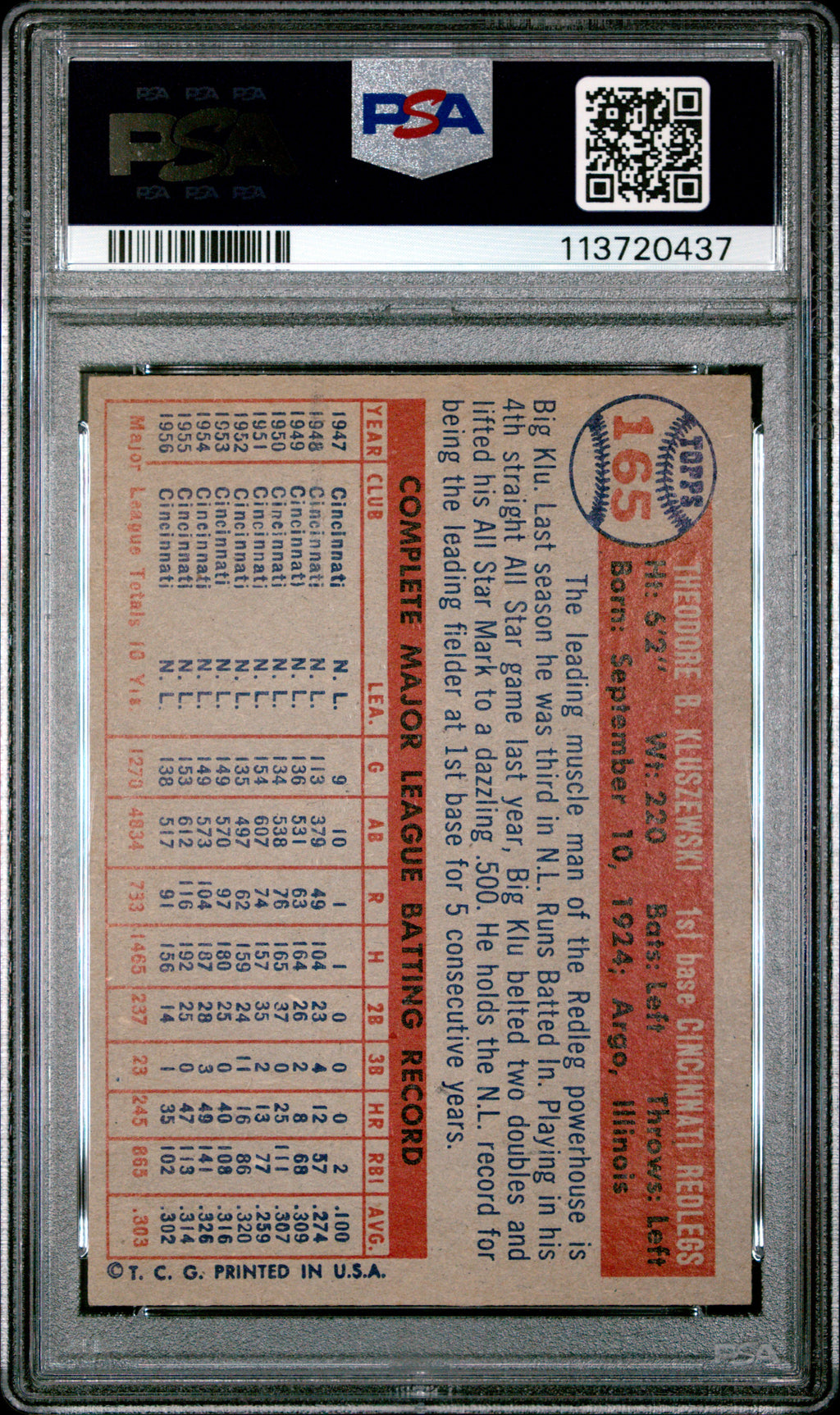 Ted Kluszewski 1957 Topps Card Cincinnati Redlegs #165 PSA 6