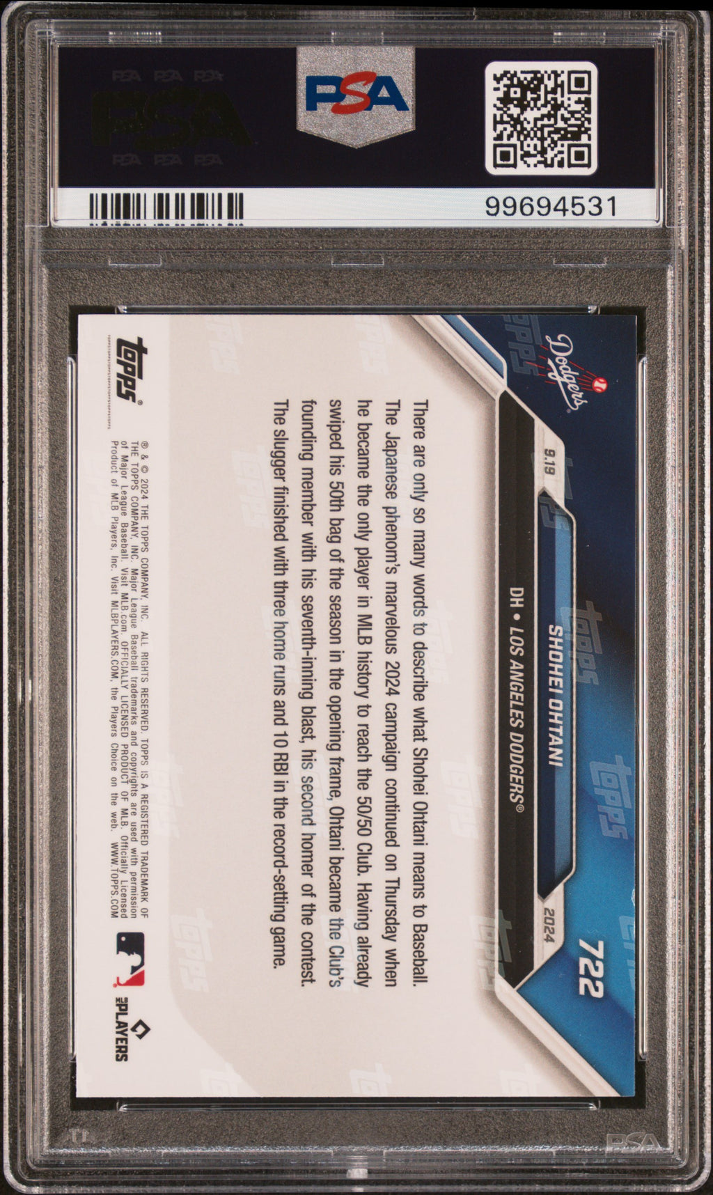 Shohei Ohtani 2024 Topps Now 50/50 Player #722 LA Dodgers PSA 10