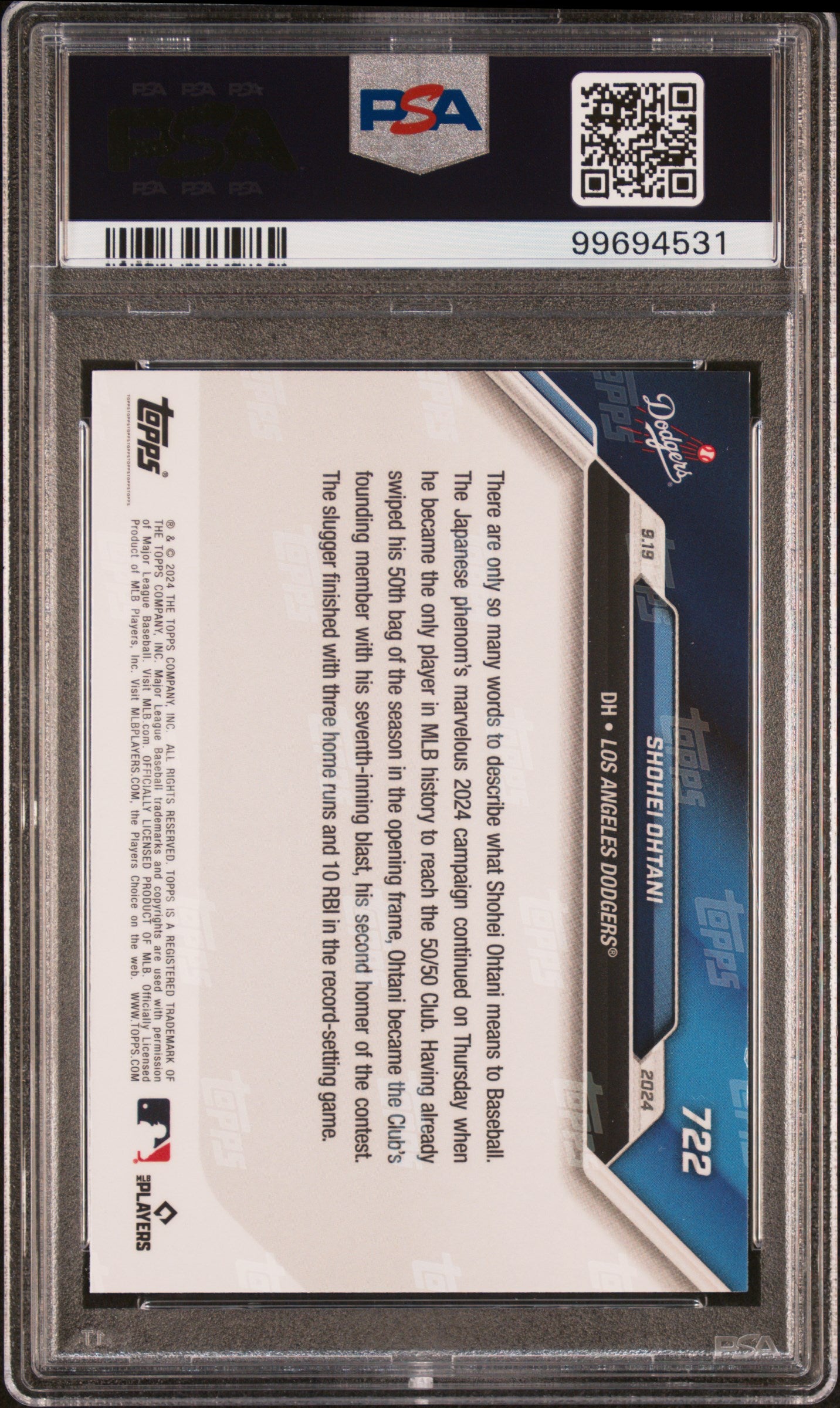 Shohei Ohtani 2024 Topps Now 50/50 Player #722 LA Dodgers PSA 10