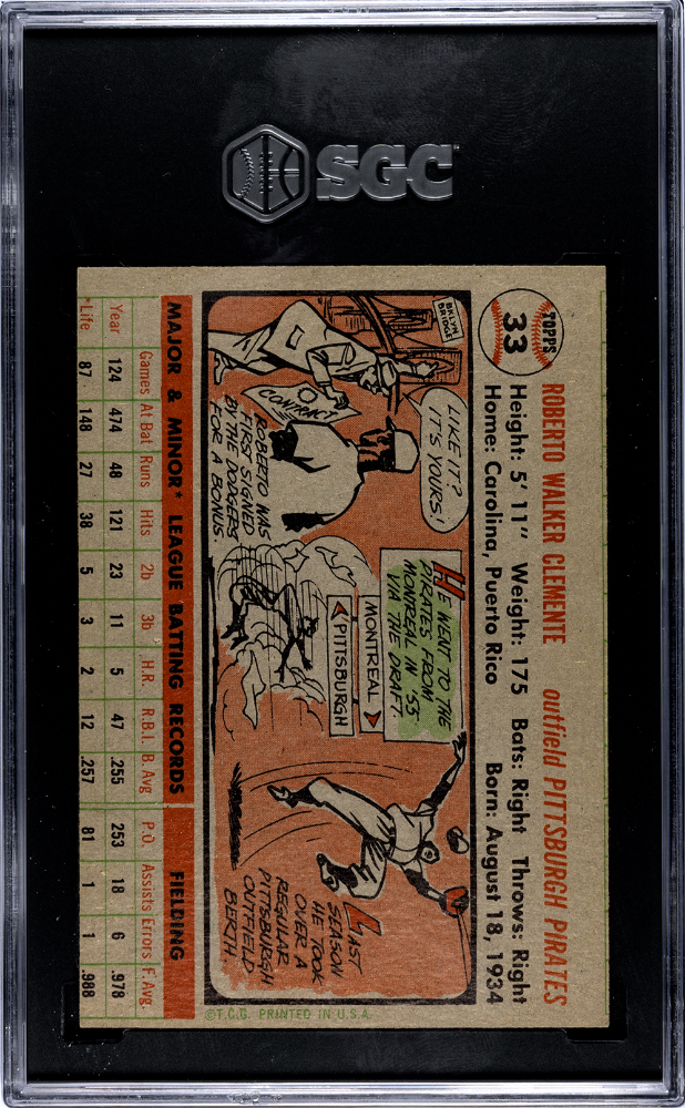 Roberto Clemente 1956 Topps Gray Back Pittsburgh Pirates #33 SGC 2