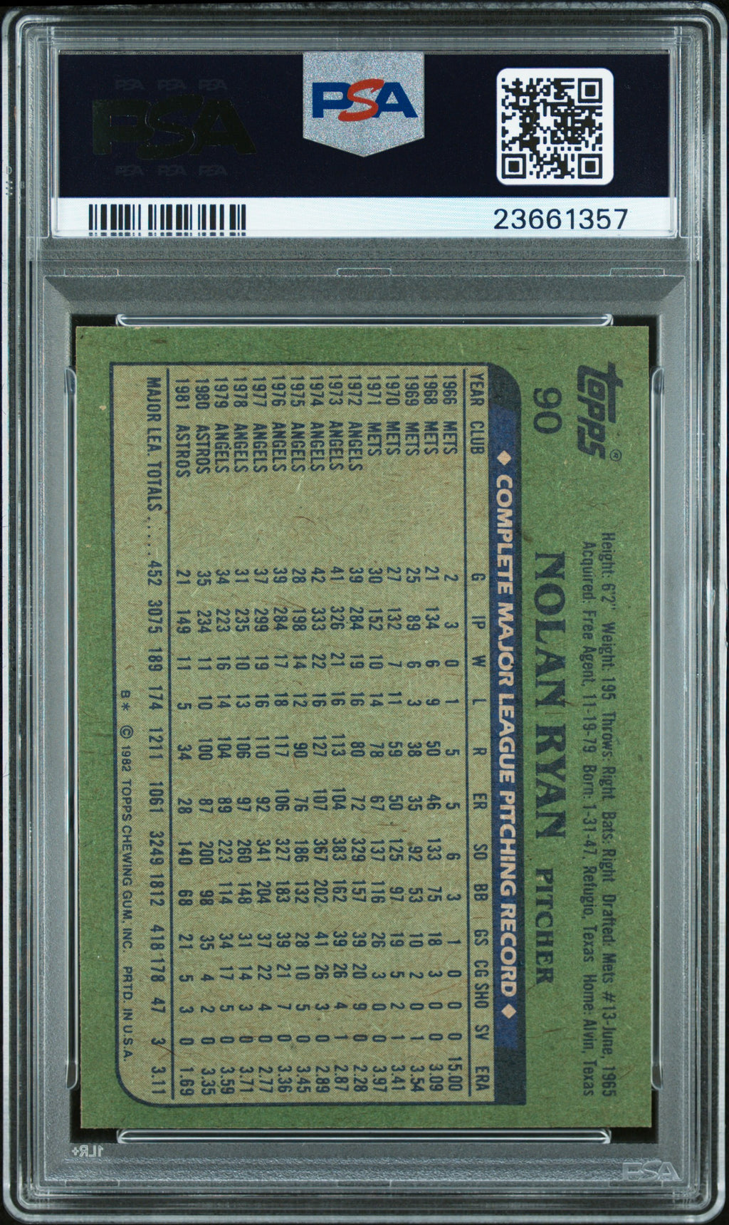 Nolan Ryan 1982 Topps Card Houston Astros #90 PSA 10