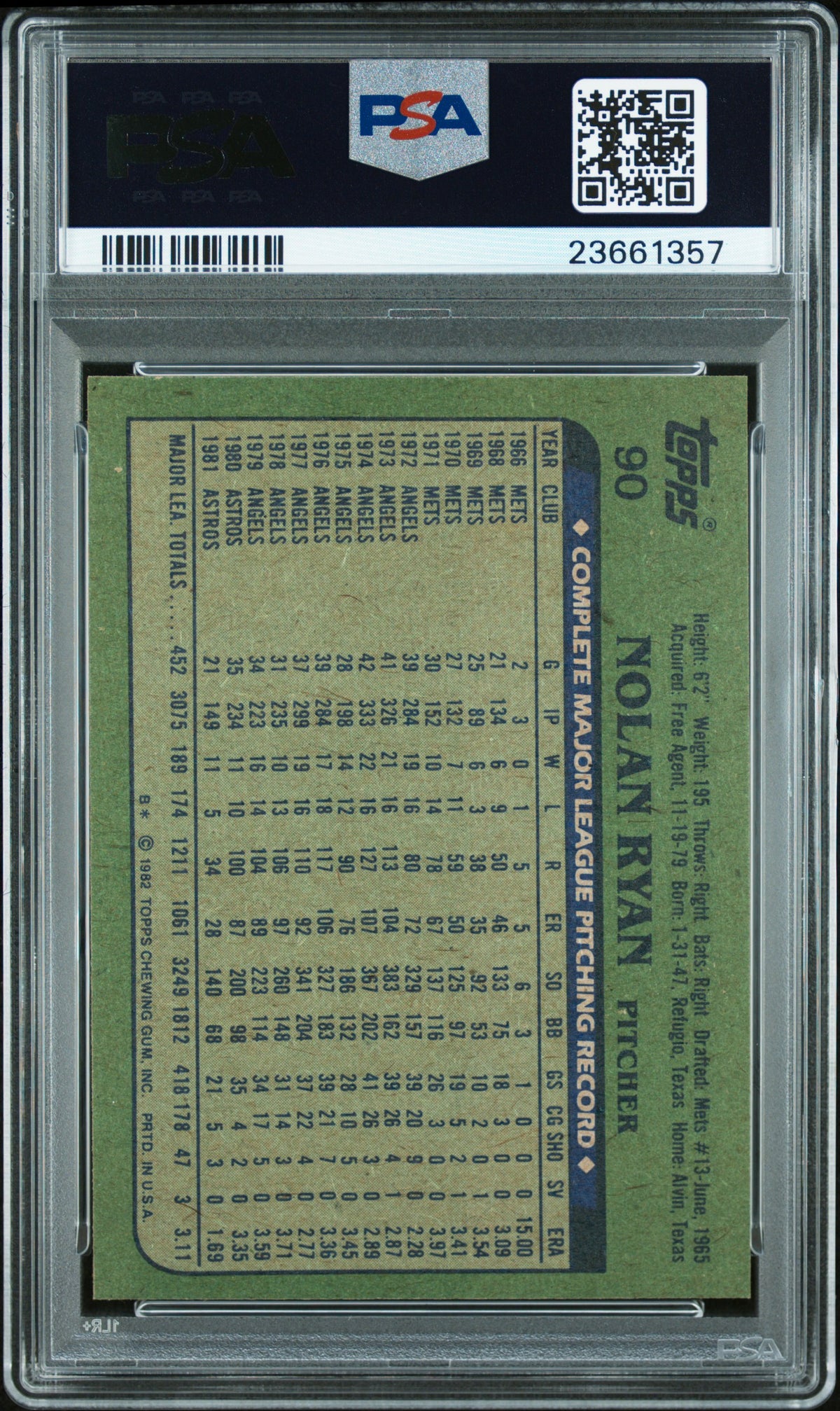 Nolan Ryan 1982 Topps Card Houston Astros #90 PSA 10