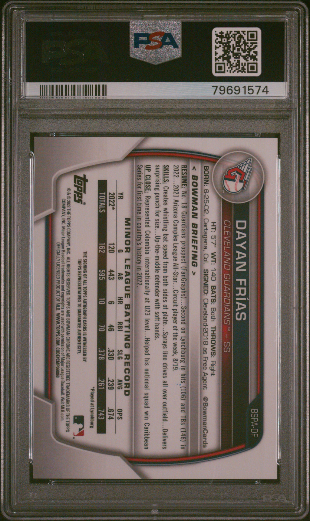 Dayan Frias 2023 Bowman Chrome Sapphire 1st Auto Autograph Guardians /99 PSA 10