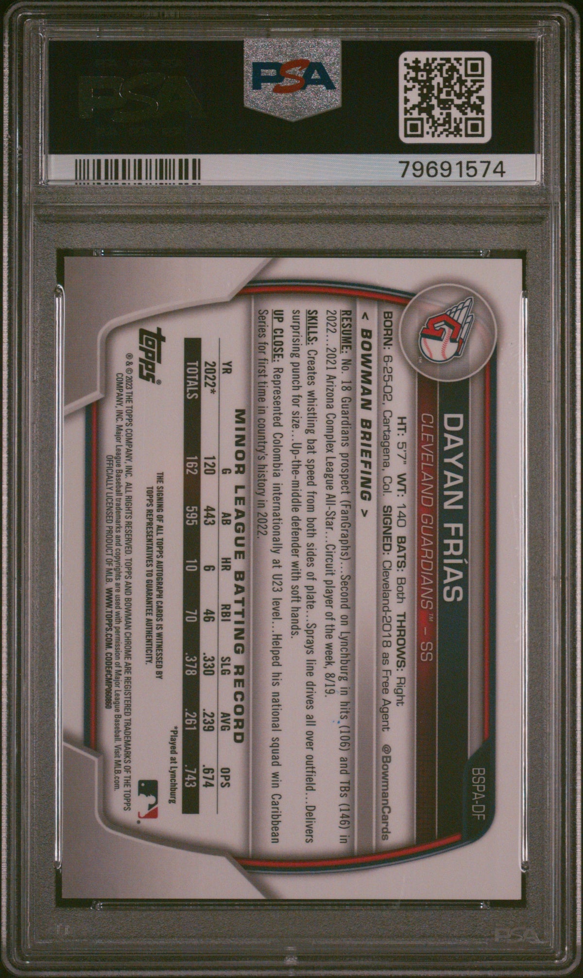 Dayan Frias 2023 Bowman Chrome Sapphire 1st Auto Autograph Guardians /99 PSA 10