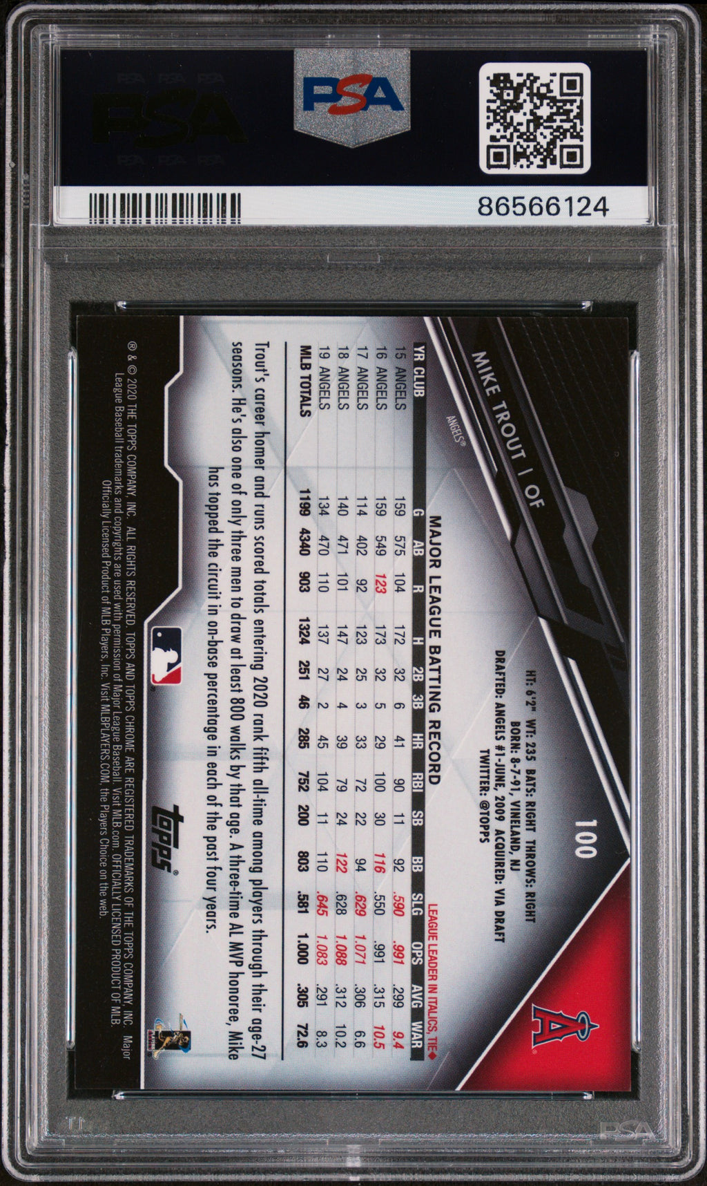 Mike Trout 2020 Topps Chrome Black Card Los Angeles Angels #100 PSA 10