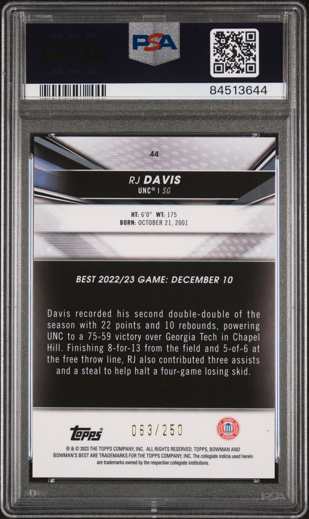 RJ Davis 2022 Bowman's Best Purple Refractor RC North Carolina 63/250 PSA 10
