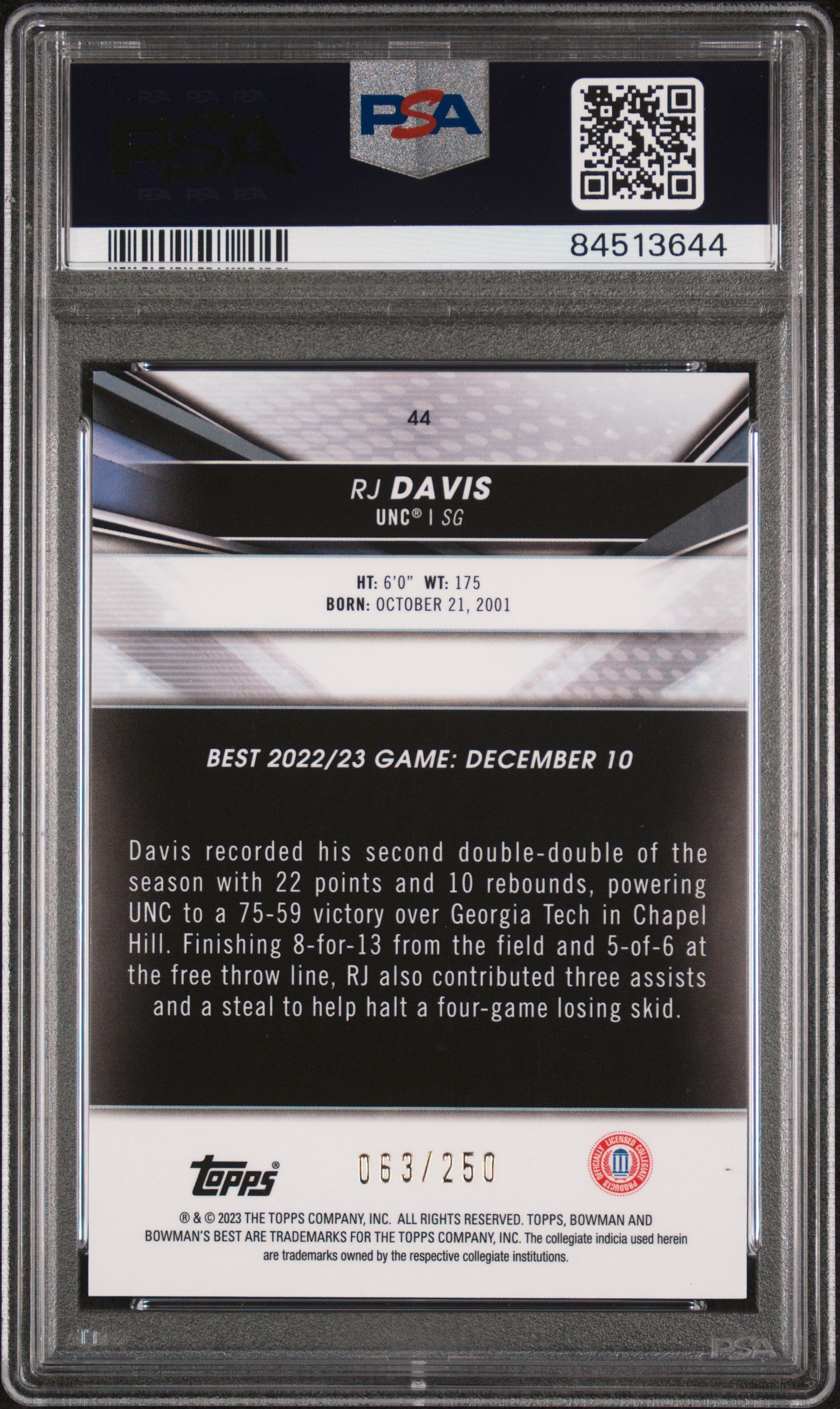 RJ Davis 2022 Bowman's Best Purple Refractor RC North Carolina 63/250 PSA 10