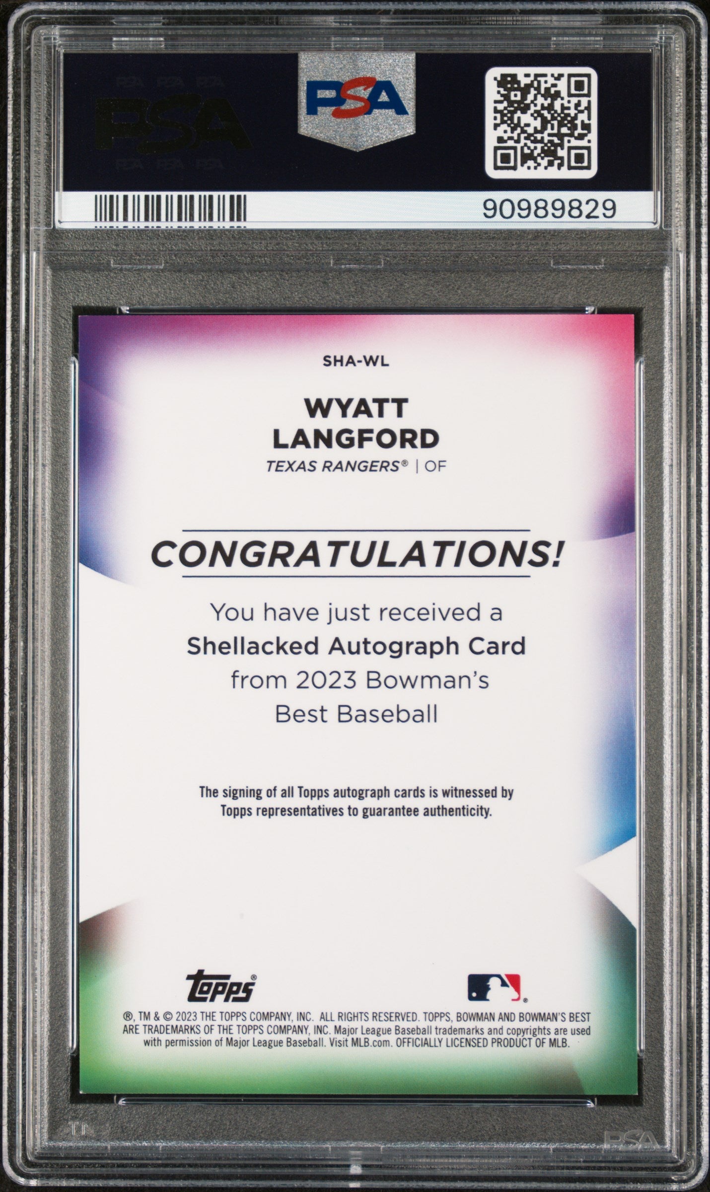 Wyatt Langford 2023 Bowman's Best Shellacked Auto Autograph 144/250 PSA 9